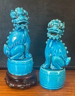 Pair of Petite Mid-Century Turquoise Blue Ceramic Foo Dog Sculptures