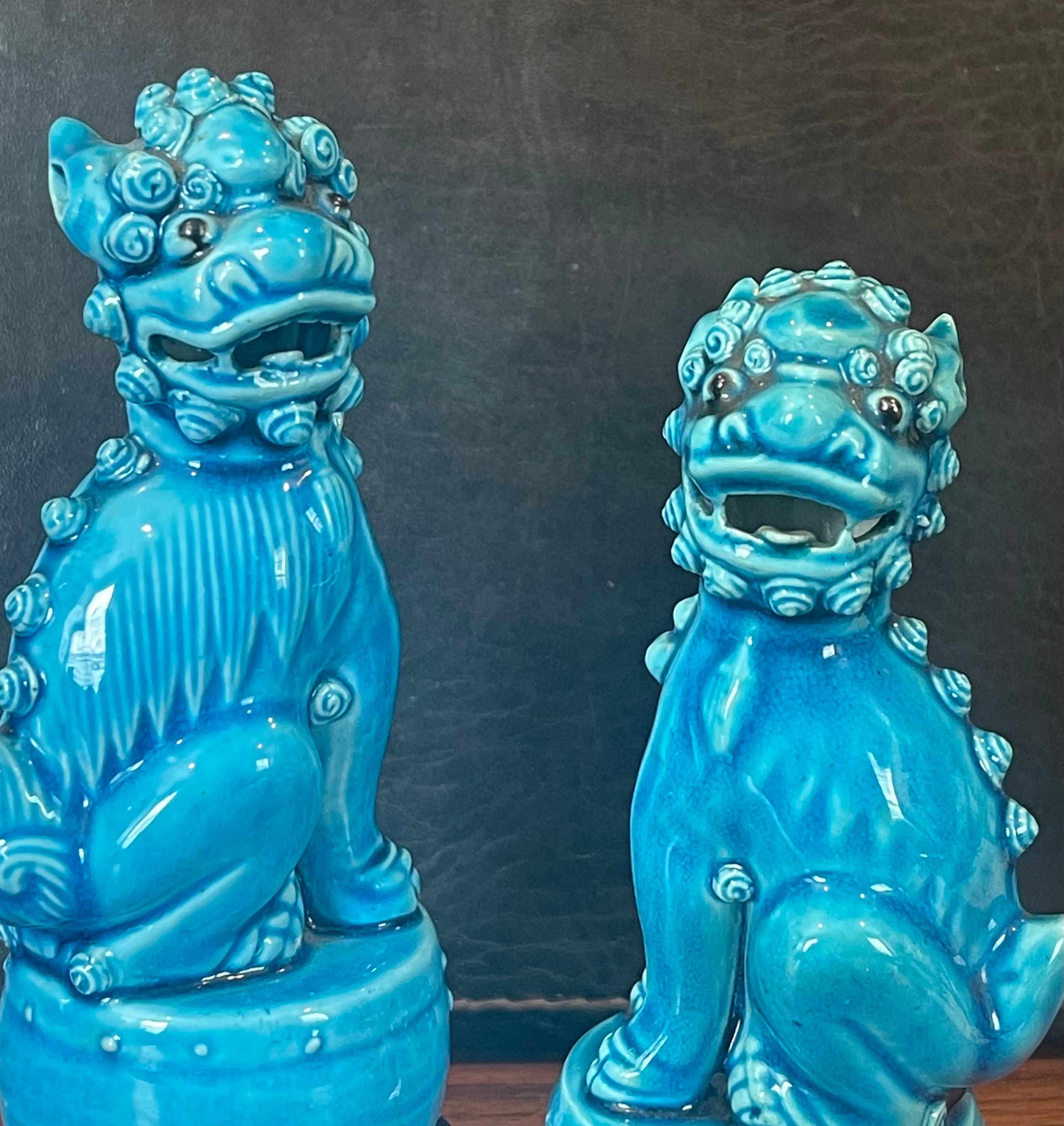 Hand-Crafted Pair of Petite Mid-Century Turquoise Blue Ceramic Foo Dog Sculptures For Sale