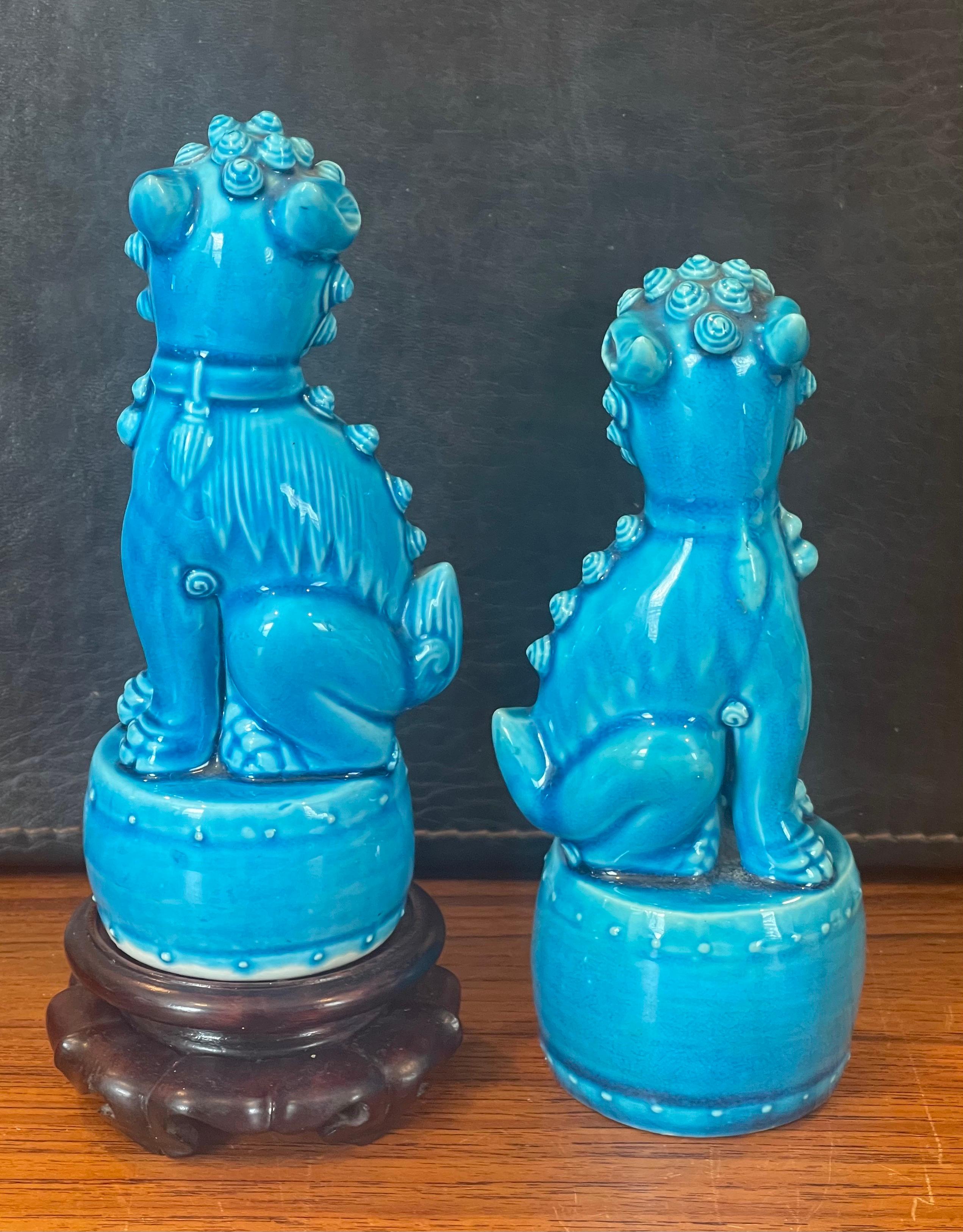 20th Century Pair of Petite Mid-Century Turquoise Blue Ceramic Foo Dog Sculptures For Sale