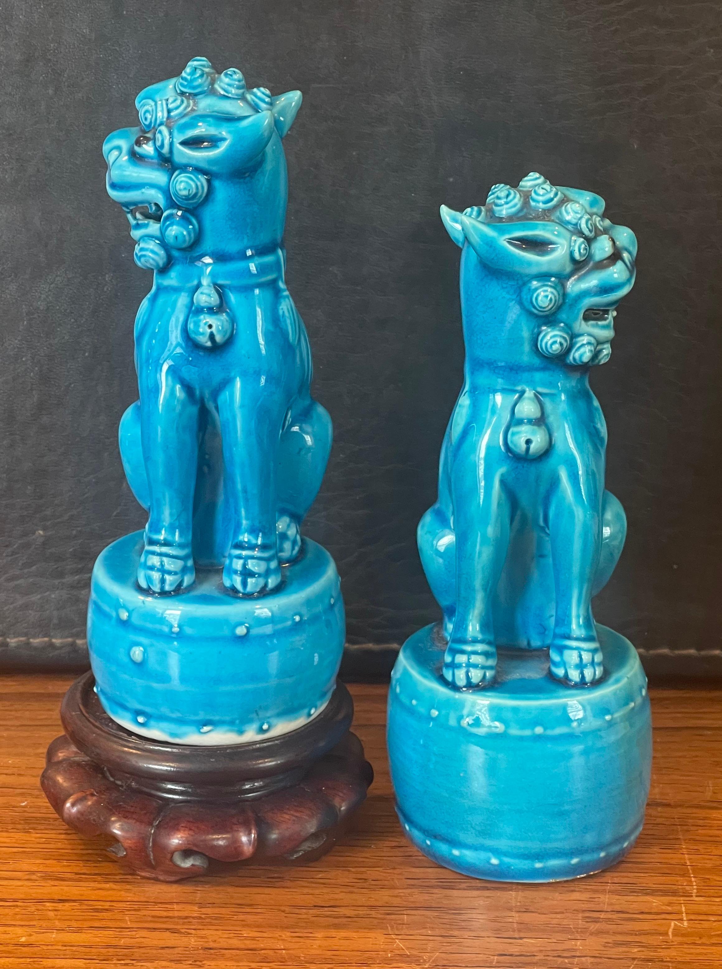 Pair of Petite Mid-Century Turquoise Blue Ceramic Foo Dog Sculptures For Sale 1