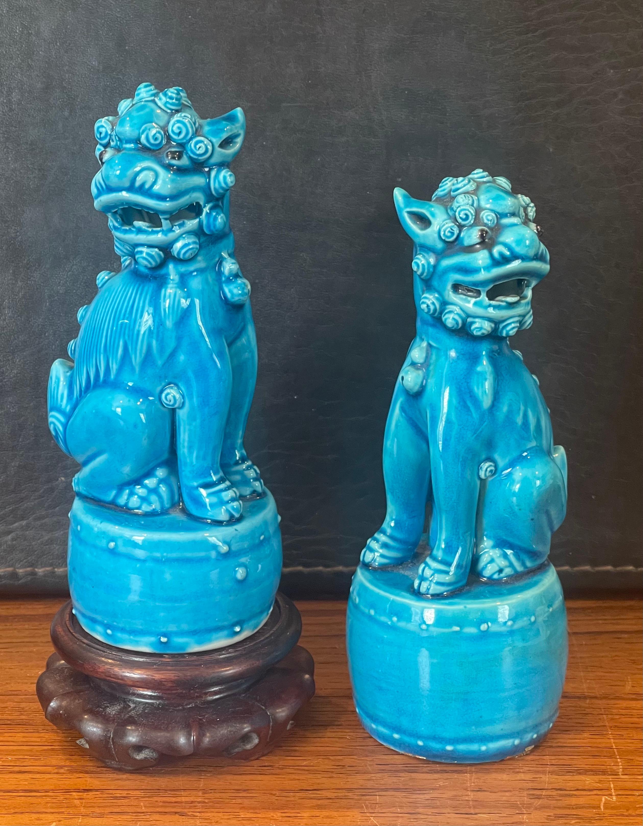 Pair of Petite Mid-Century Turquoise Blue Ceramic Foo Dog Sculptures For Sale 2