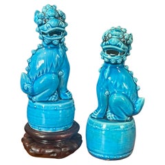 Pair of Petite Mid-Century Turquoise Blue Ceramic Foo Dog Sculptures