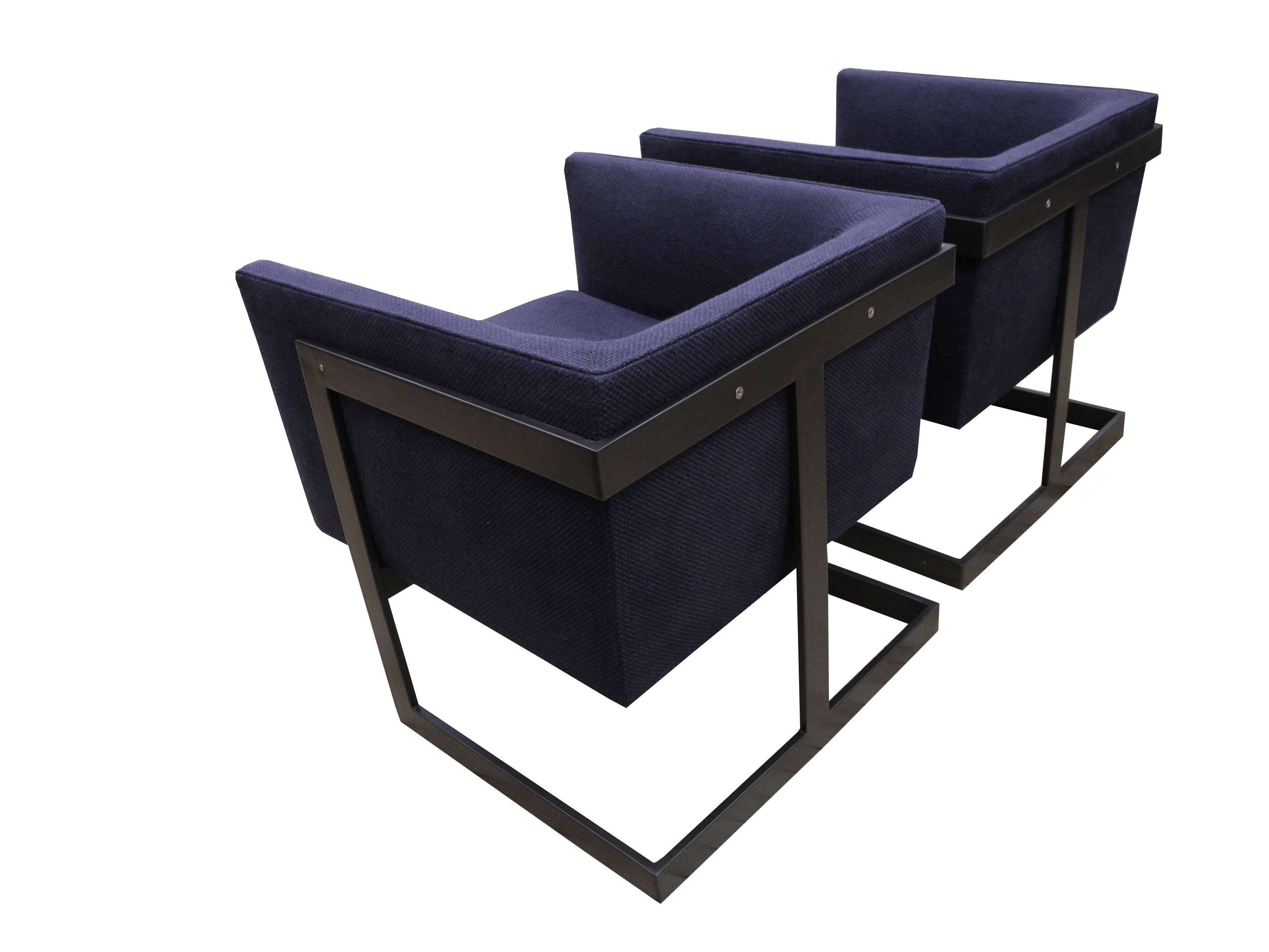 American Pair of Petite Modern Bronze and Navy Cubed Armchairs by Milo Baughman