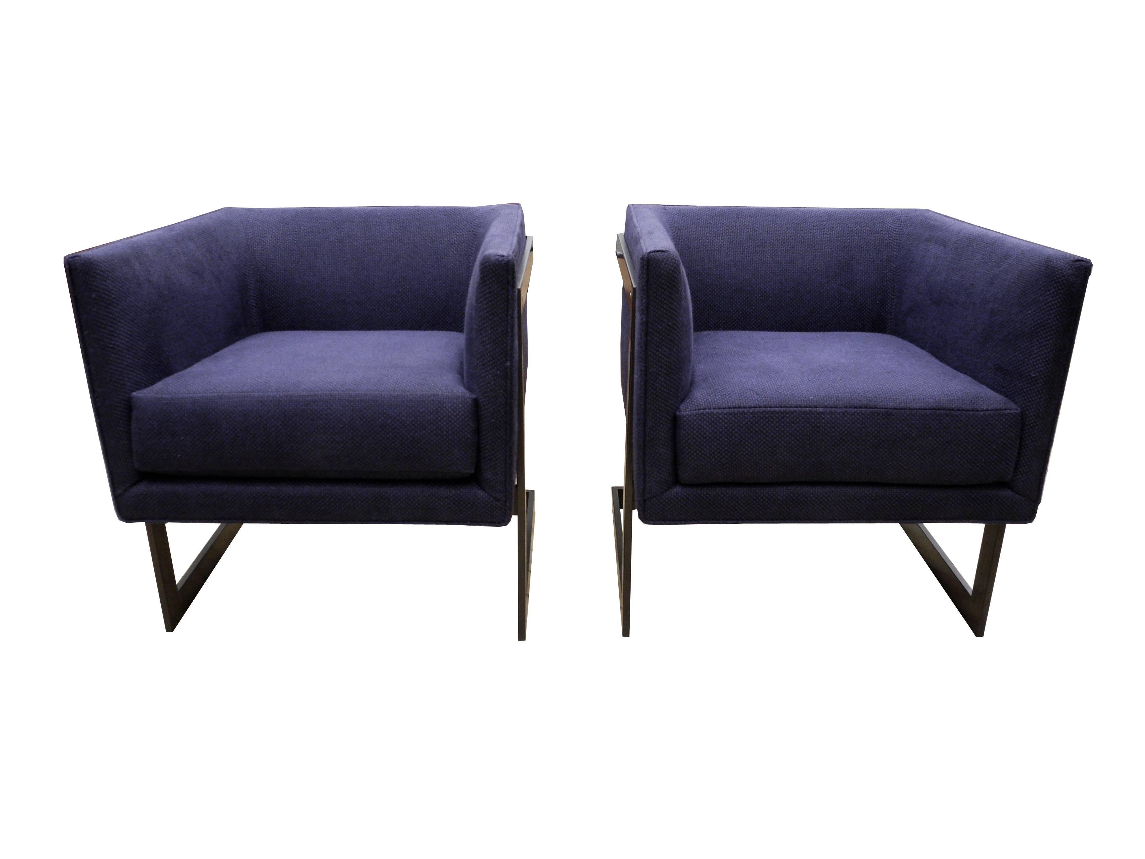 Pair of Petite Modern Bronze and Navy Cubed Armchairs by Milo Baughman In Good Condition In Hudson, NY