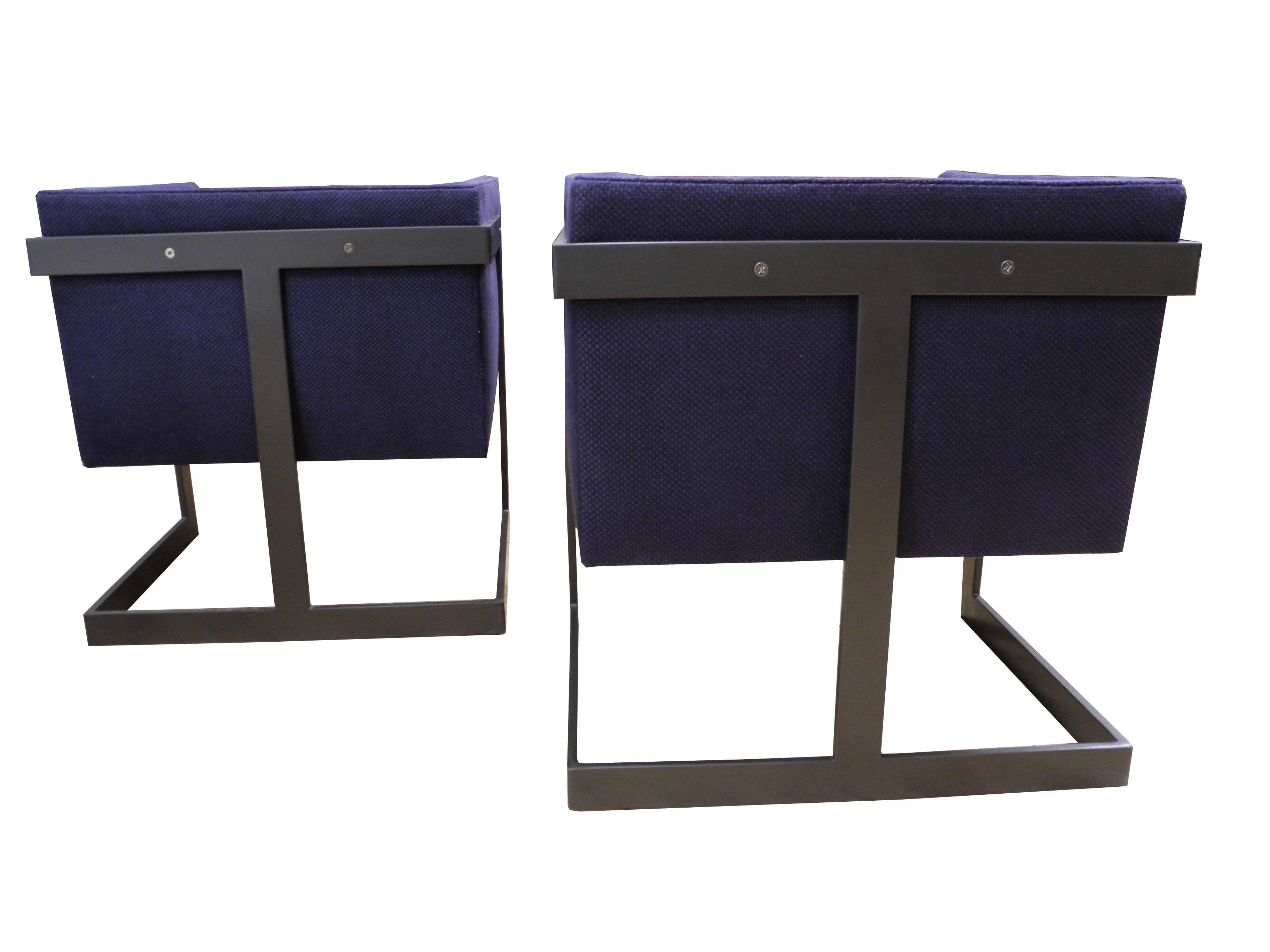 20th Century Pair of Petite Modern Bronze and Navy Cubed Armchairs by Milo Baughman