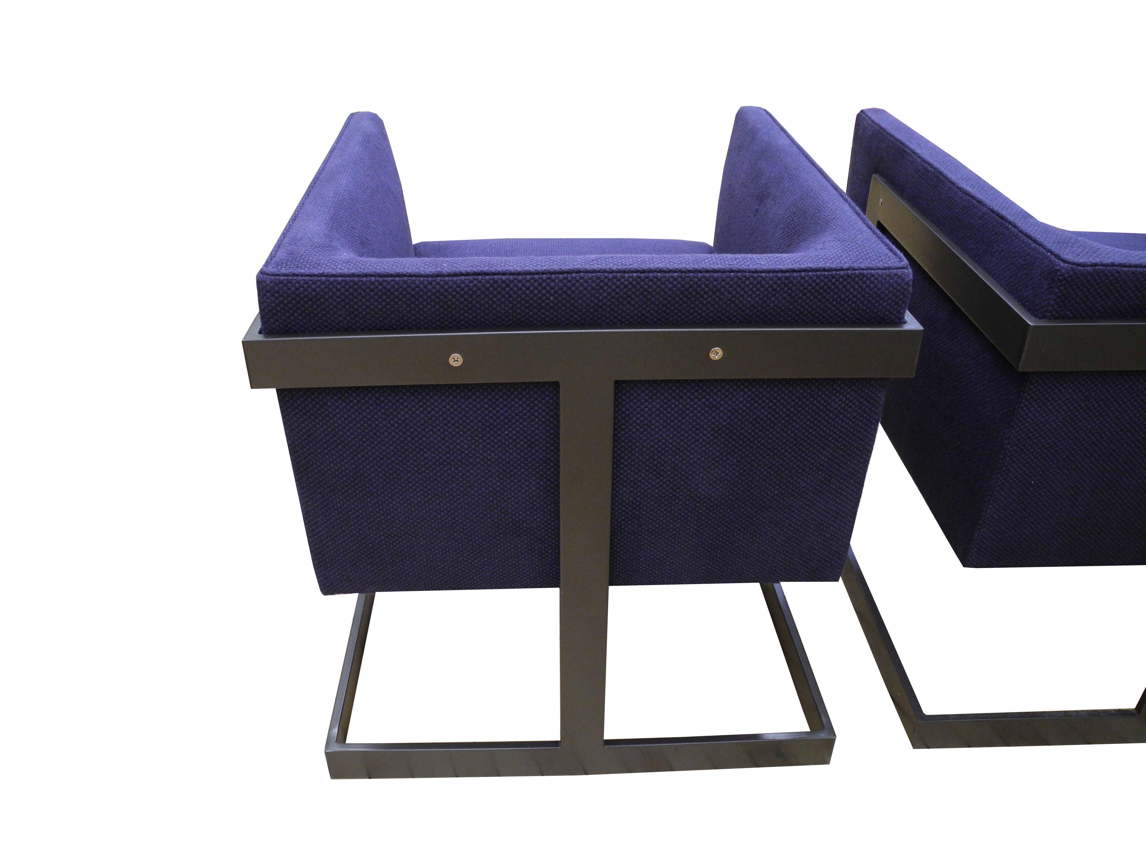 Metal Pair of Petite Modern Bronze and Navy Cubed Armchairs by Milo Baughman