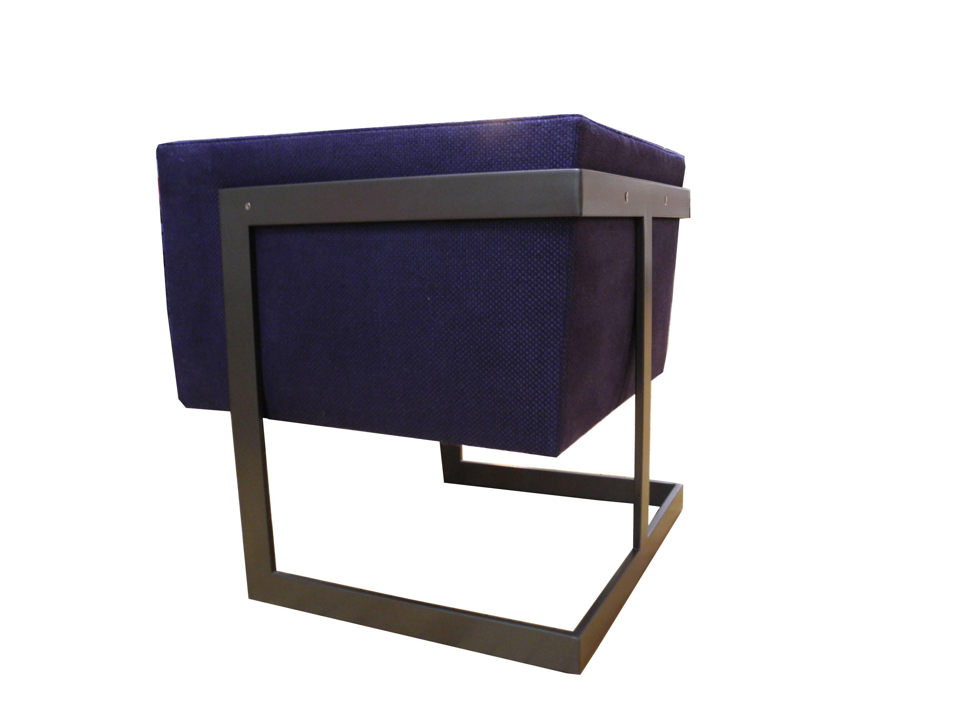 Pair of Petite Modern Bronze and Navy Cubed Armchairs by Milo Baughman 1