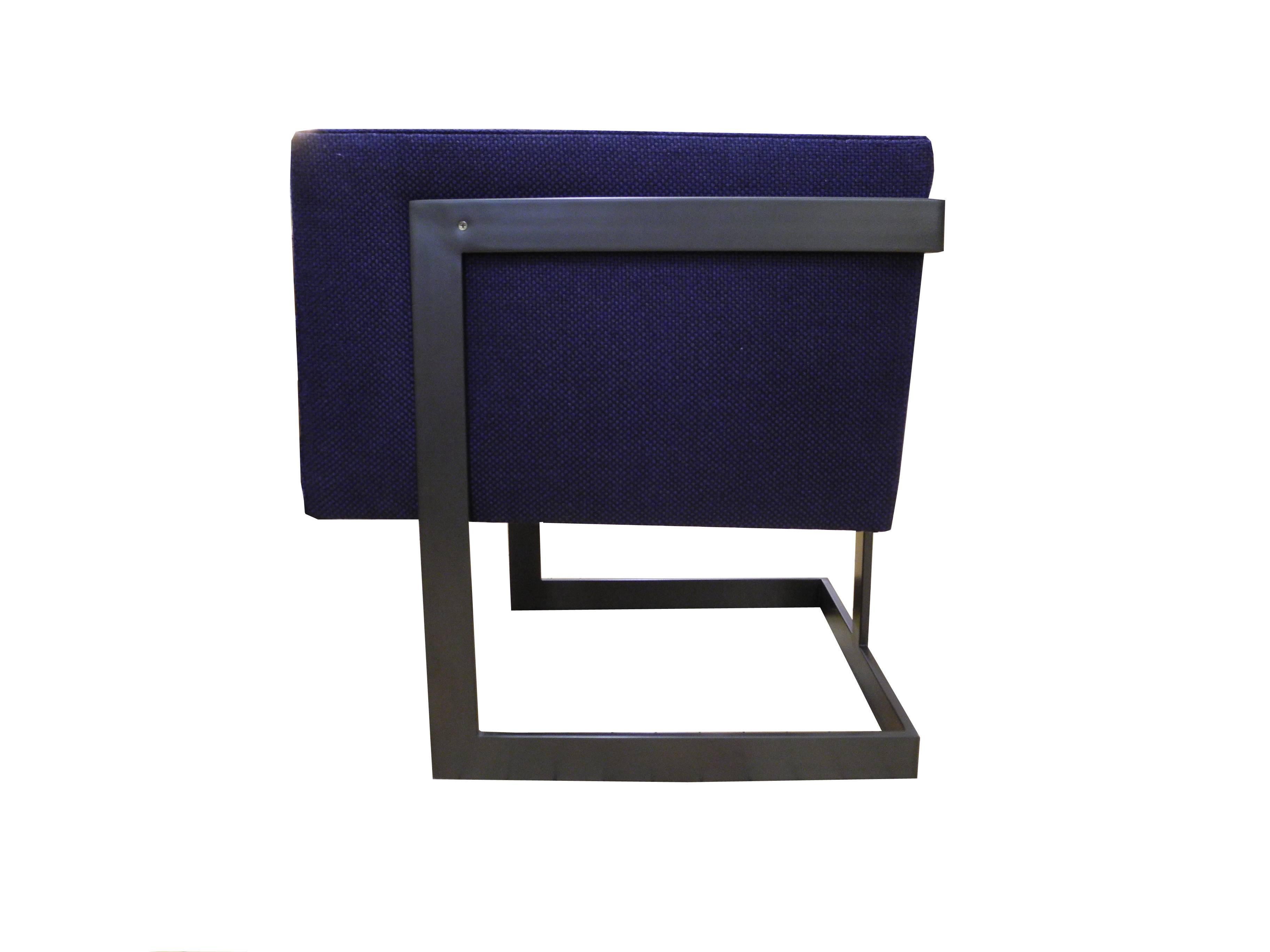 Pair of Petite Modern Bronze and Navy Cubed Armchairs by Milo Baughman 2