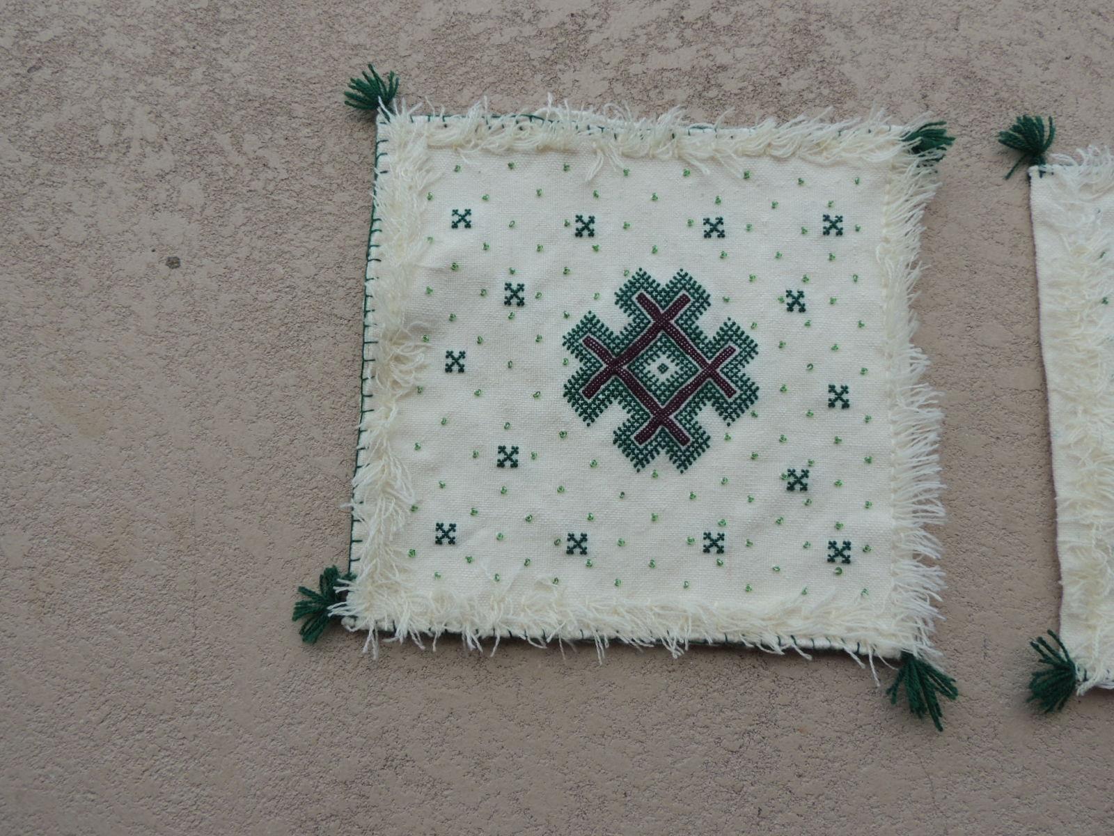 Pair of Petite Moroccan beaded and embroidered pillow covers with tassels.
Small glass beads all around the embroidery.
Hand stitched.
(NO INSERTS)
They are easily fill with poly-fill.
Size: 14