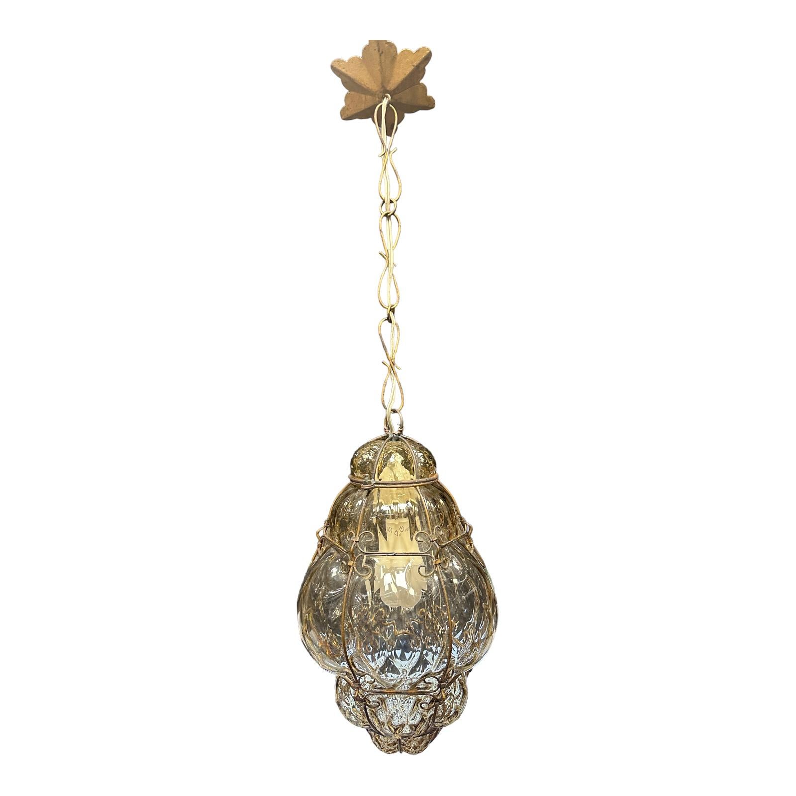 Pair of Petite Murano Caged Glass Pendant Light, 1930s Italy vintage For Sale 6
