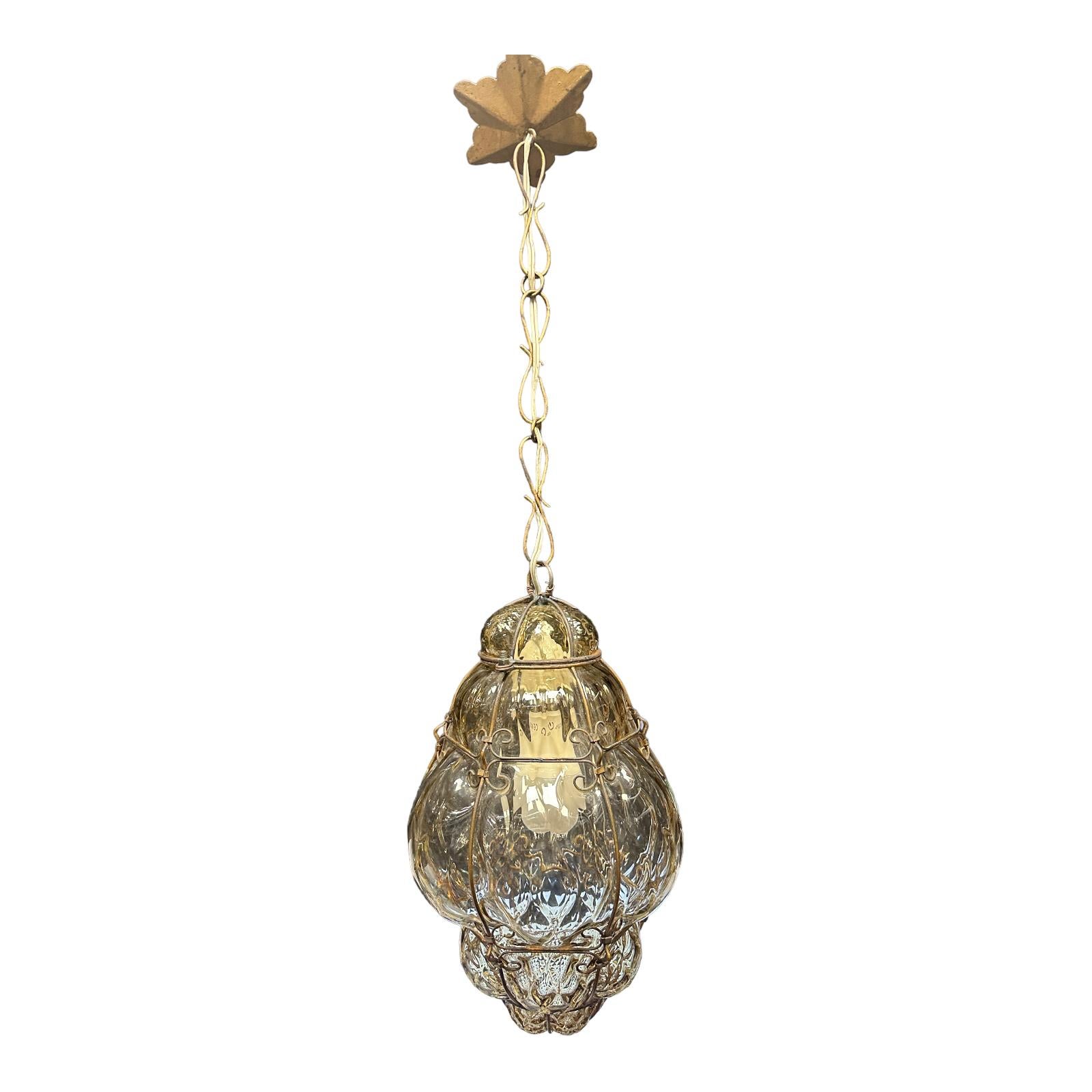 Pair of Petite Murano Caged Glass Pendant Light, 1930s Italy vintage For Sale 7