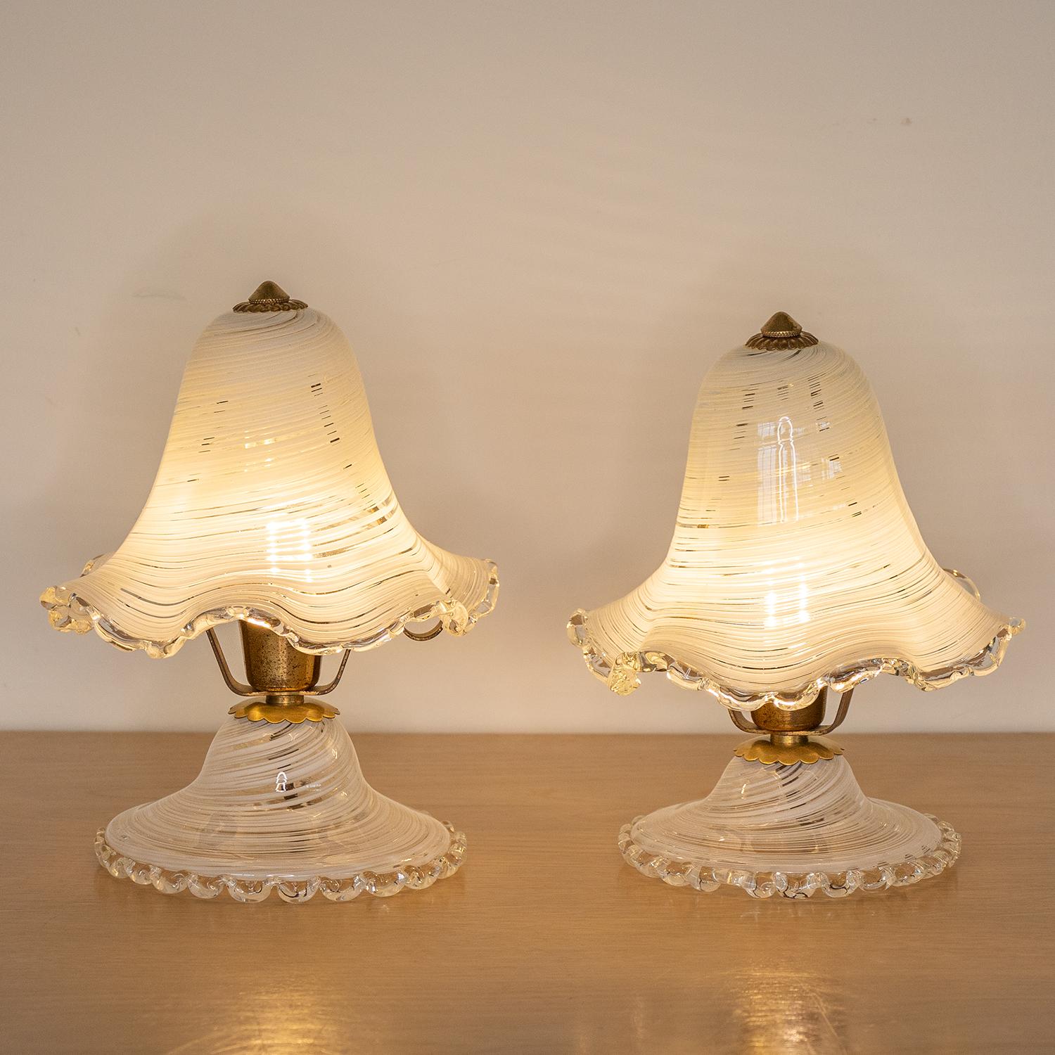 Brass Pair of Petite Murano Glass Table Lamps