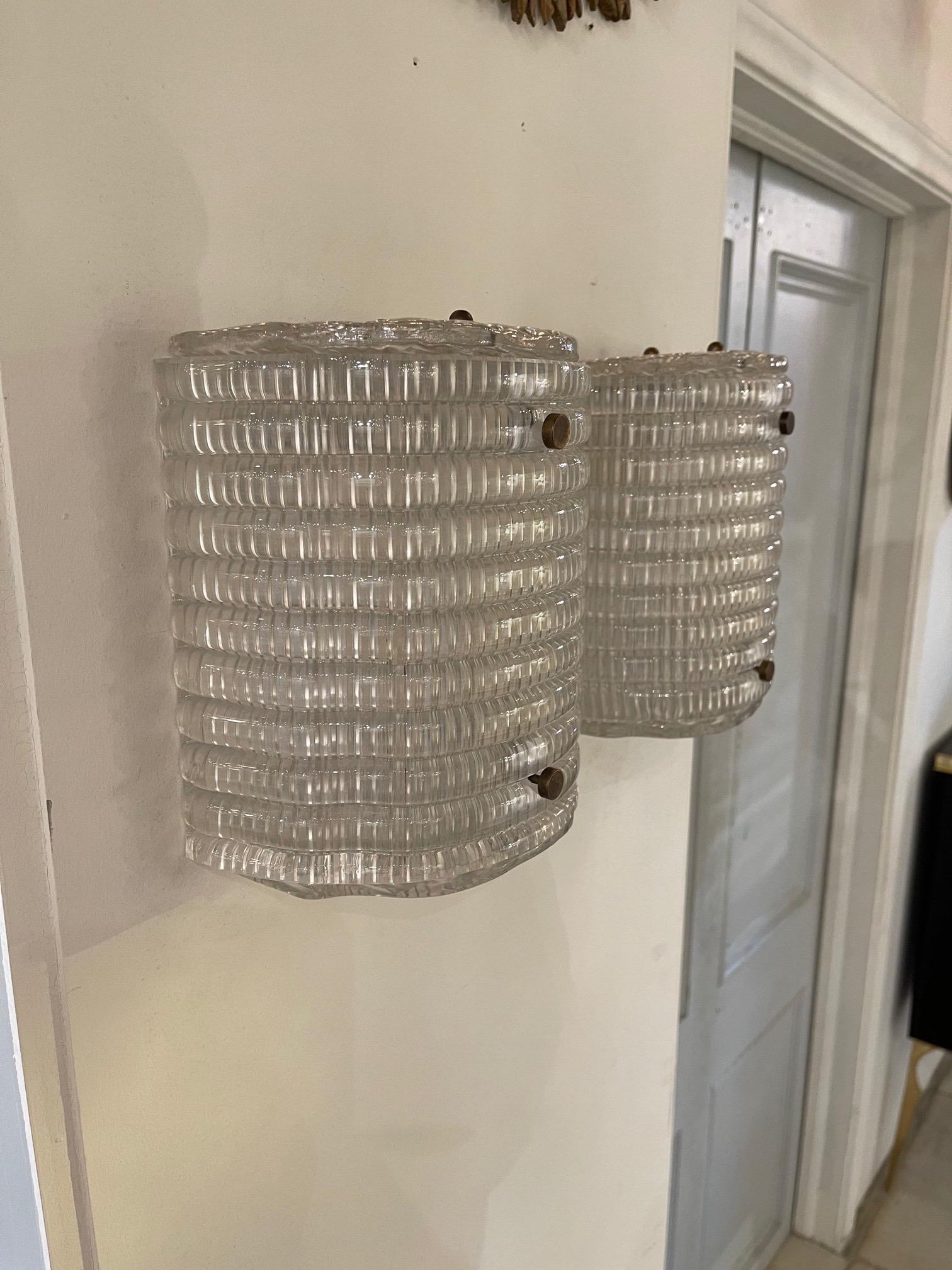 Pair of Petite Murano Wave Glass Barrel Form Sconces In Good Condition In Dallas, TX