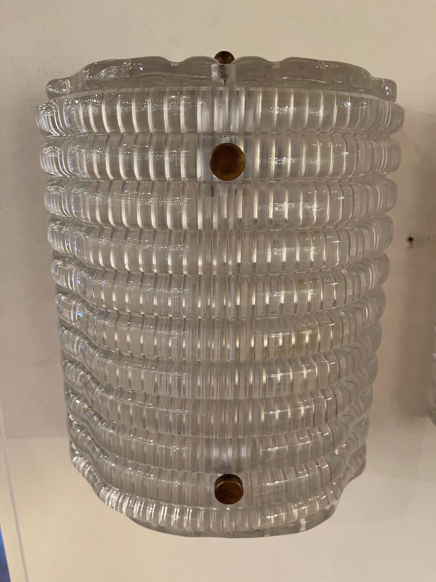 20th Century Pair of Petite Murano Wave Glass Barrel Form Sconces