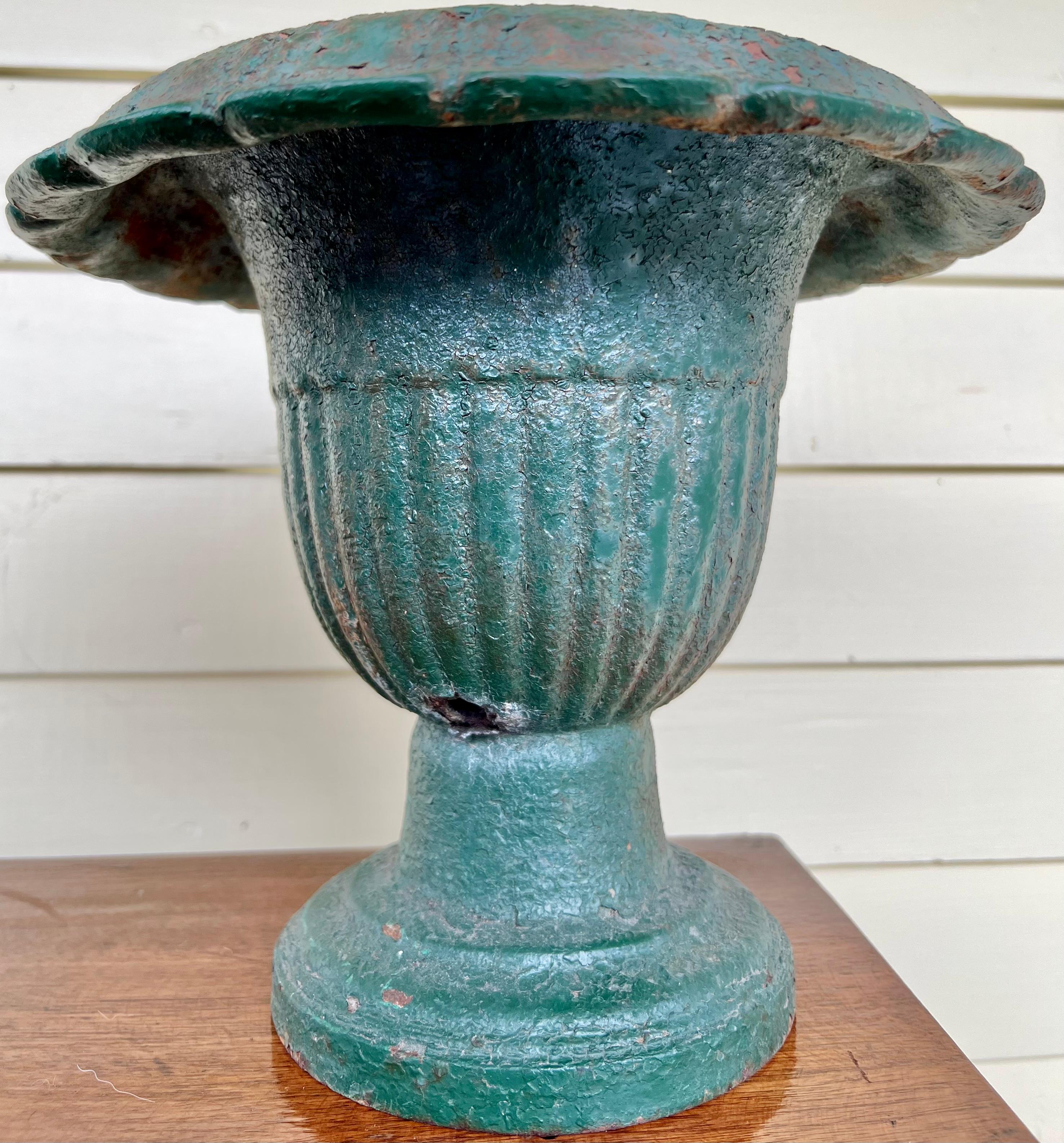 Pair of Petite Painted Cast Iron Urns In Good Condition In Wiscasset, ME