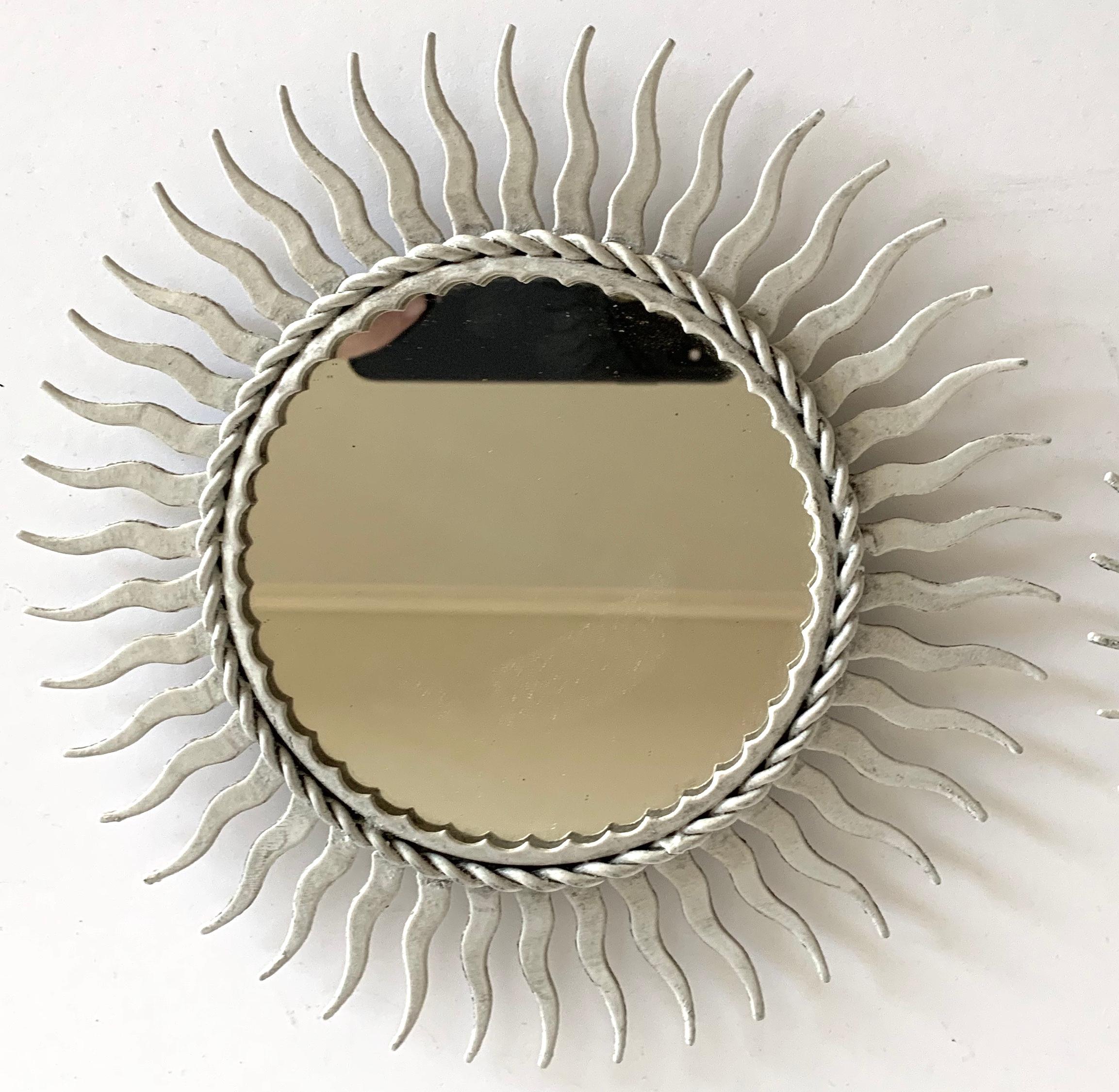 American Pair of Painted Metal Sunburst Petite Mirrors