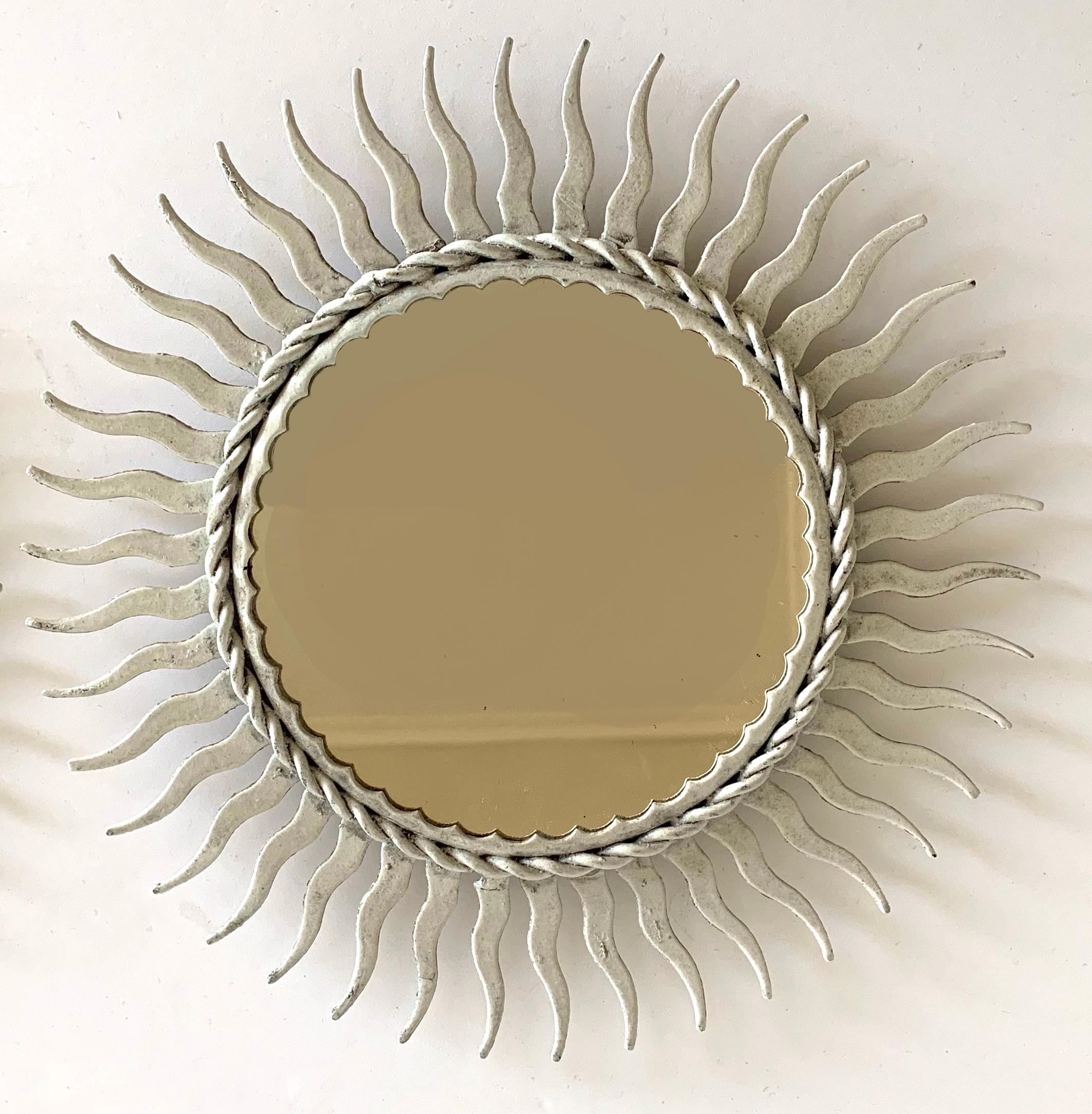 Pair of Painted Metal Sunburst Petite Mirrors In Good Condition In Stamford, CT