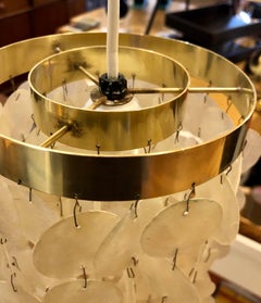 Pair of Petite Pendant Lamps Capiz Shell and Polished Brass Frame