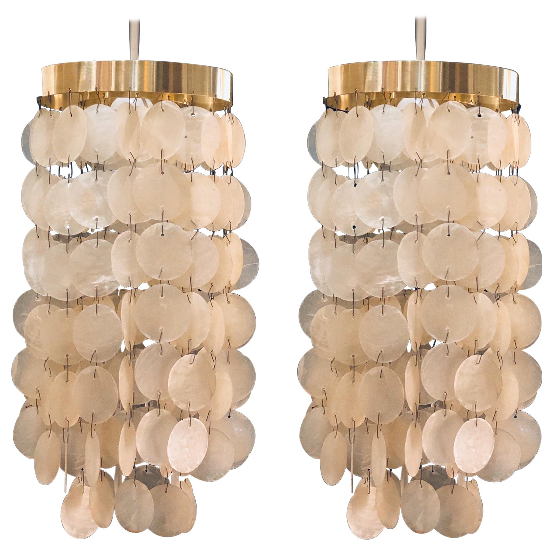 Pair of Petite Pendant Lamps Capiz Shell and Polished Brass Frame