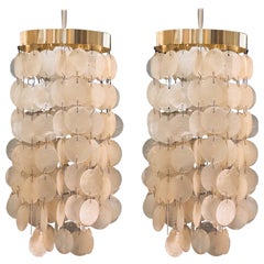 Pair of Petite Pendant Lamps Capiz Shell and Polished Brass Frame