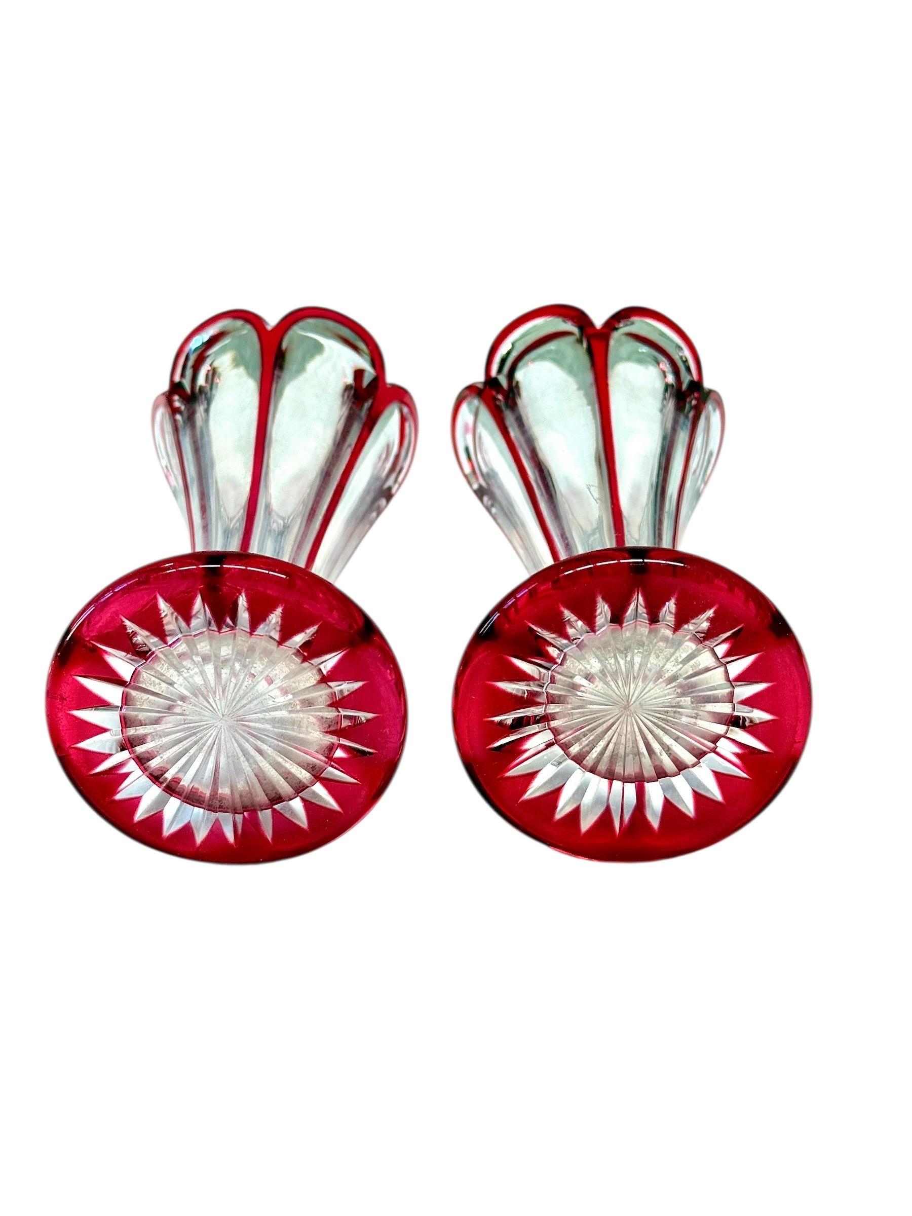 Français Pair of Petite Ruby Red Overlay Crystal Vases, 19th Century en vente