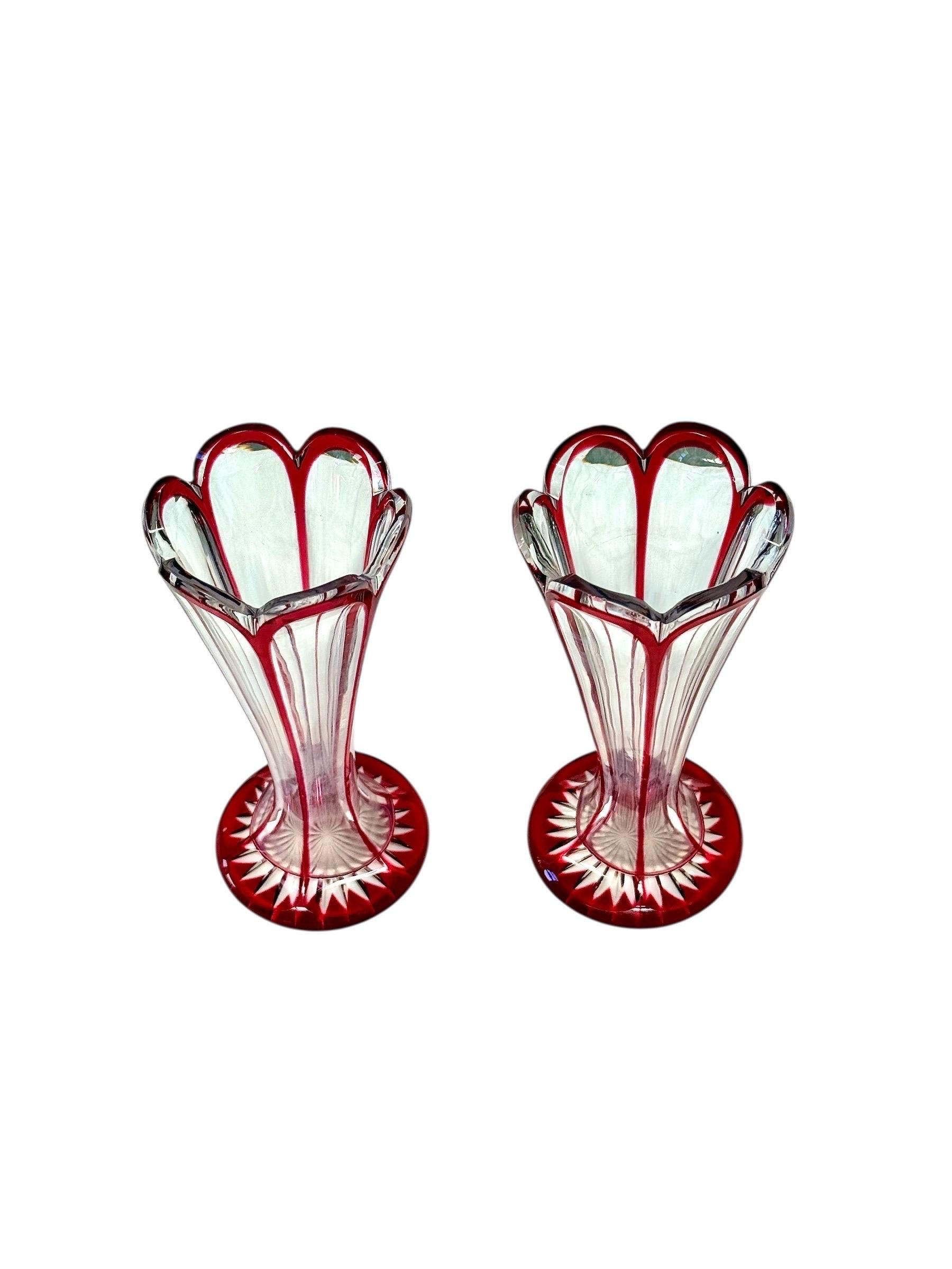 Cristal Pair of Petite Ruby Red Overlay Crystal Vases, 19th Century en vente