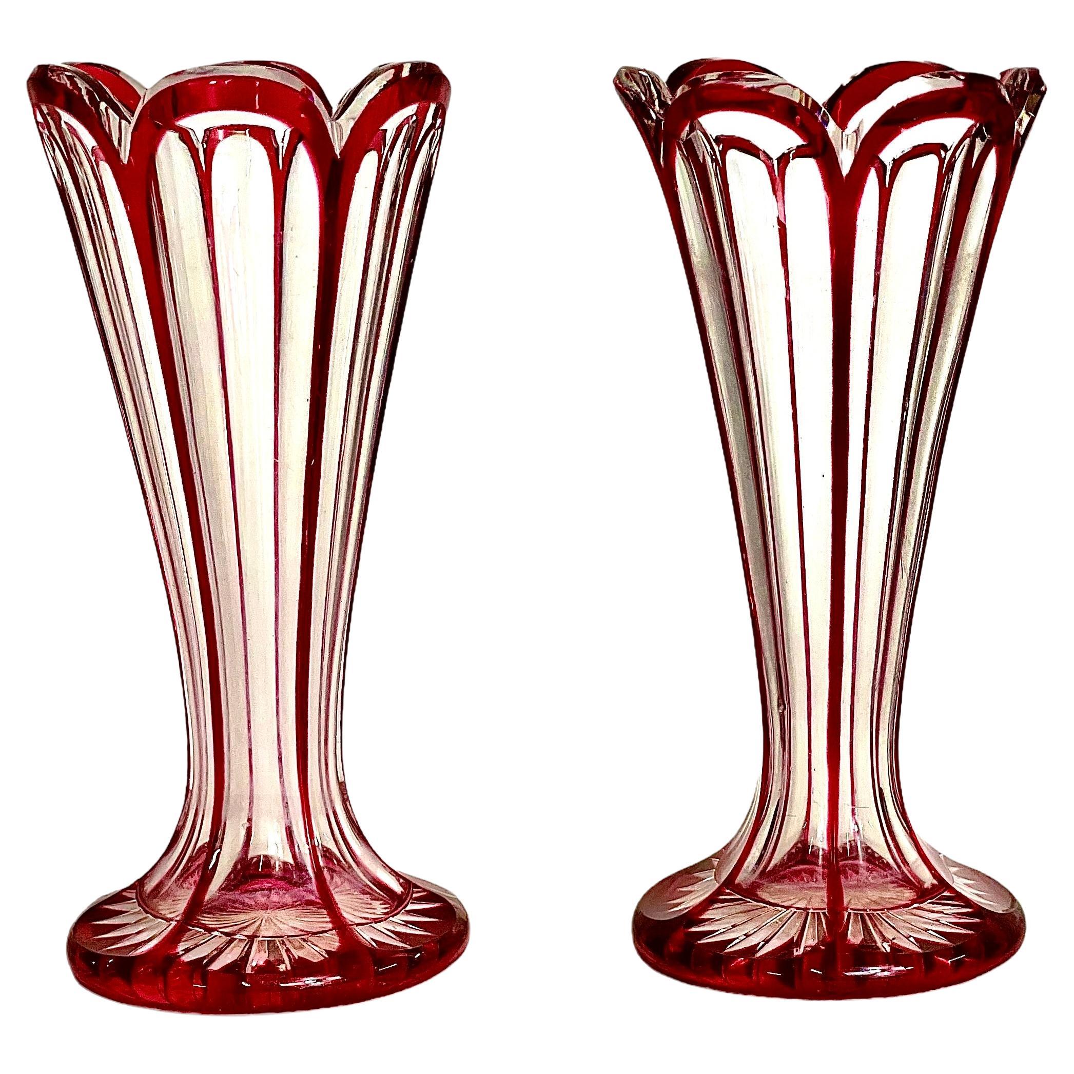Pair of Petite Ruby Red Overlay Crystal Vases, 19th Century