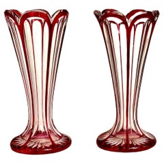 Pair of Petite Ruby Red Overlay Crystal Vases, 19th Century