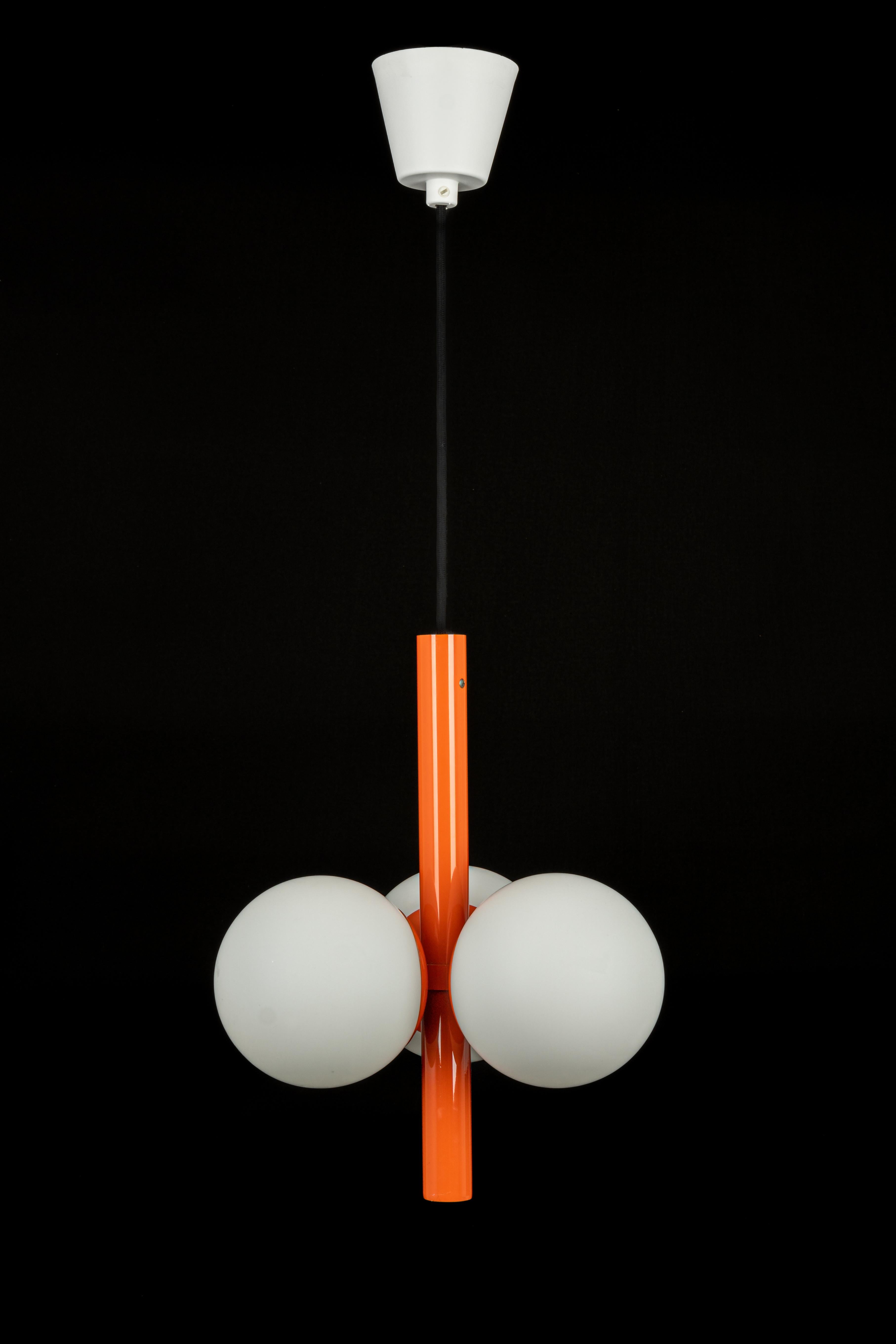 Pair of Petite Sputnik Orange Pendant Lights, Opal Glass, Germany, 1970s 3