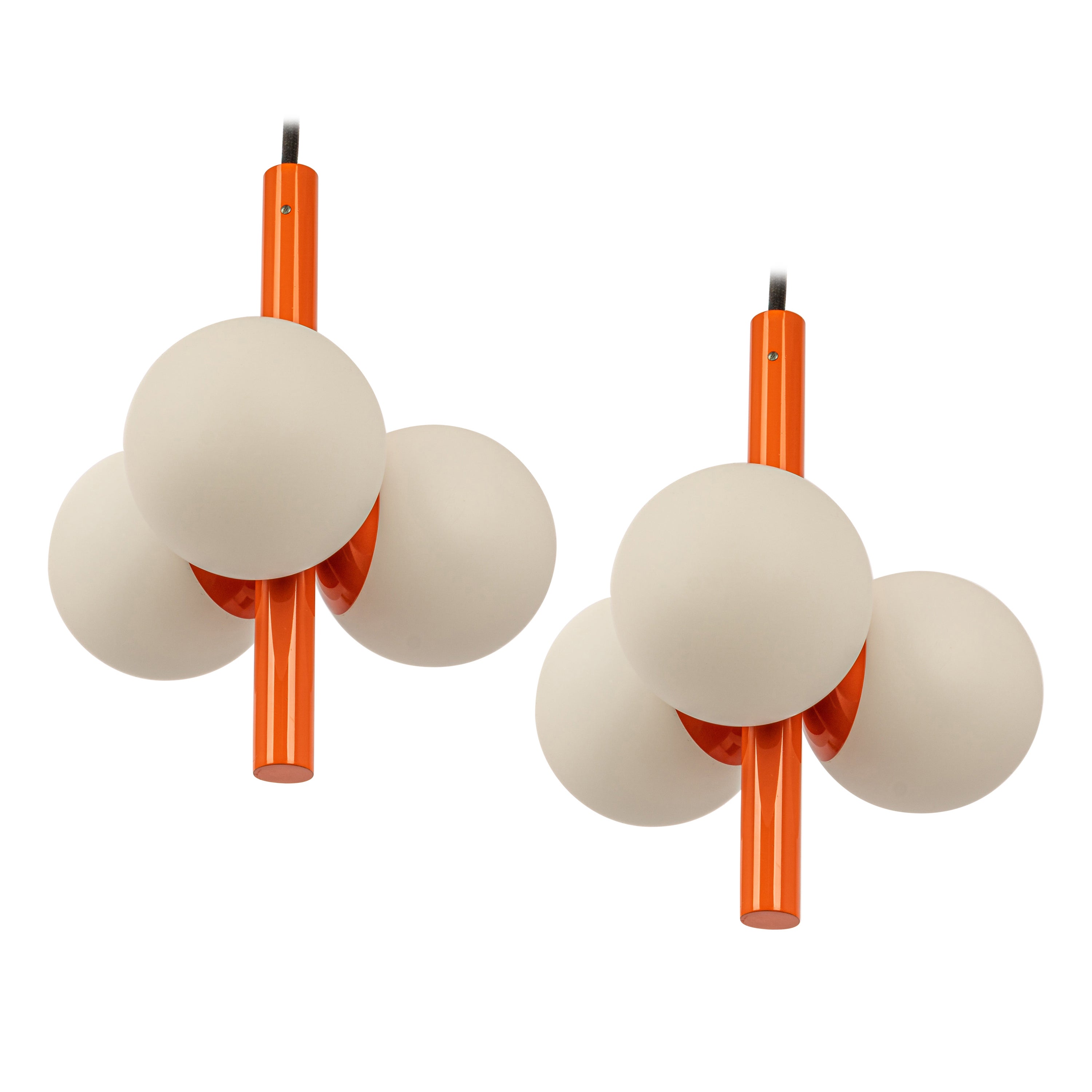 Pair of Petite Sputnik Orange Pendant Lights, Opal Glass, Germany, 1970s