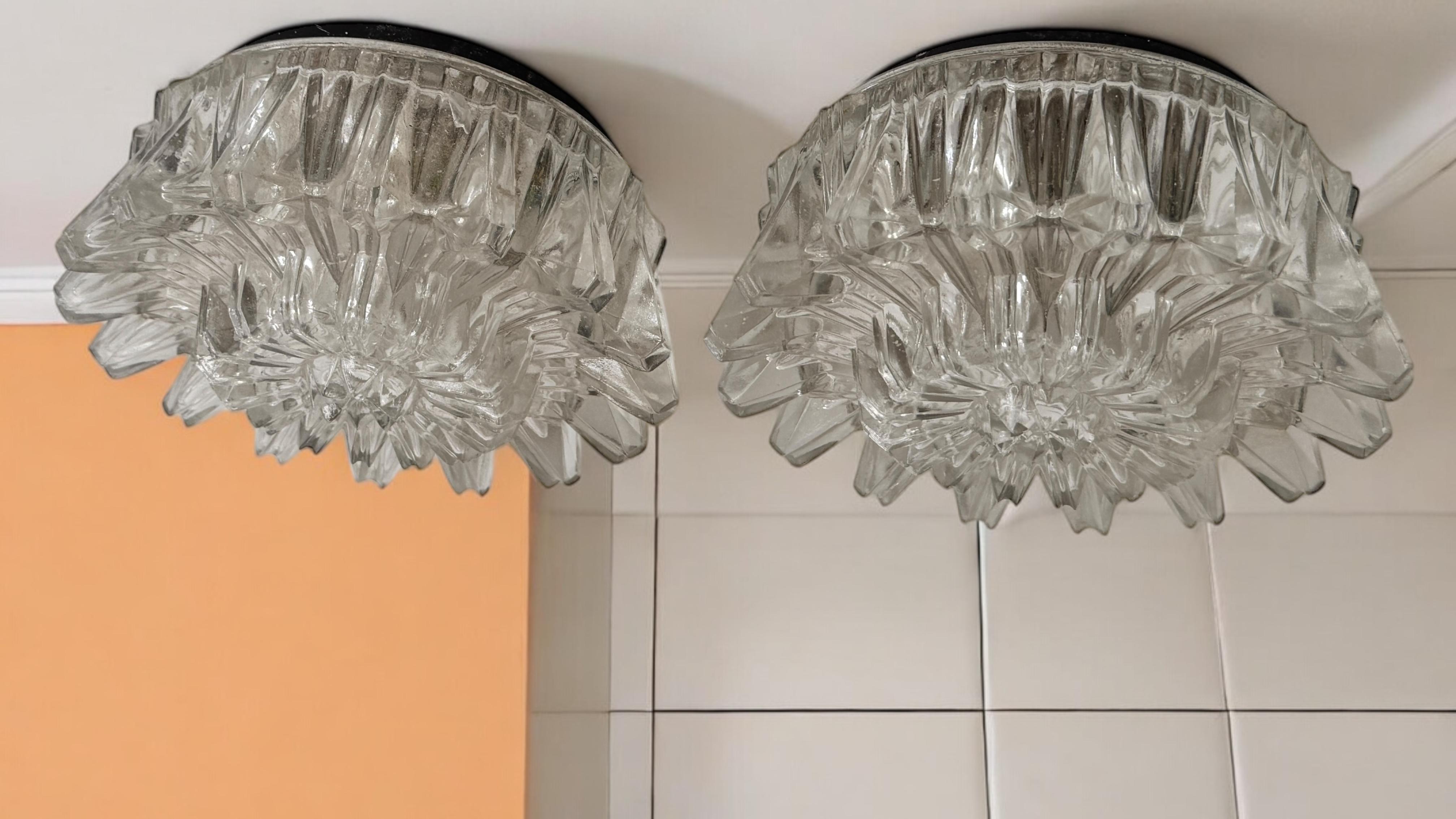 Mid-Century Modern Pair of Petite Starburst Pattern Flush Mount Ceiling Lights, 1960s For Sale