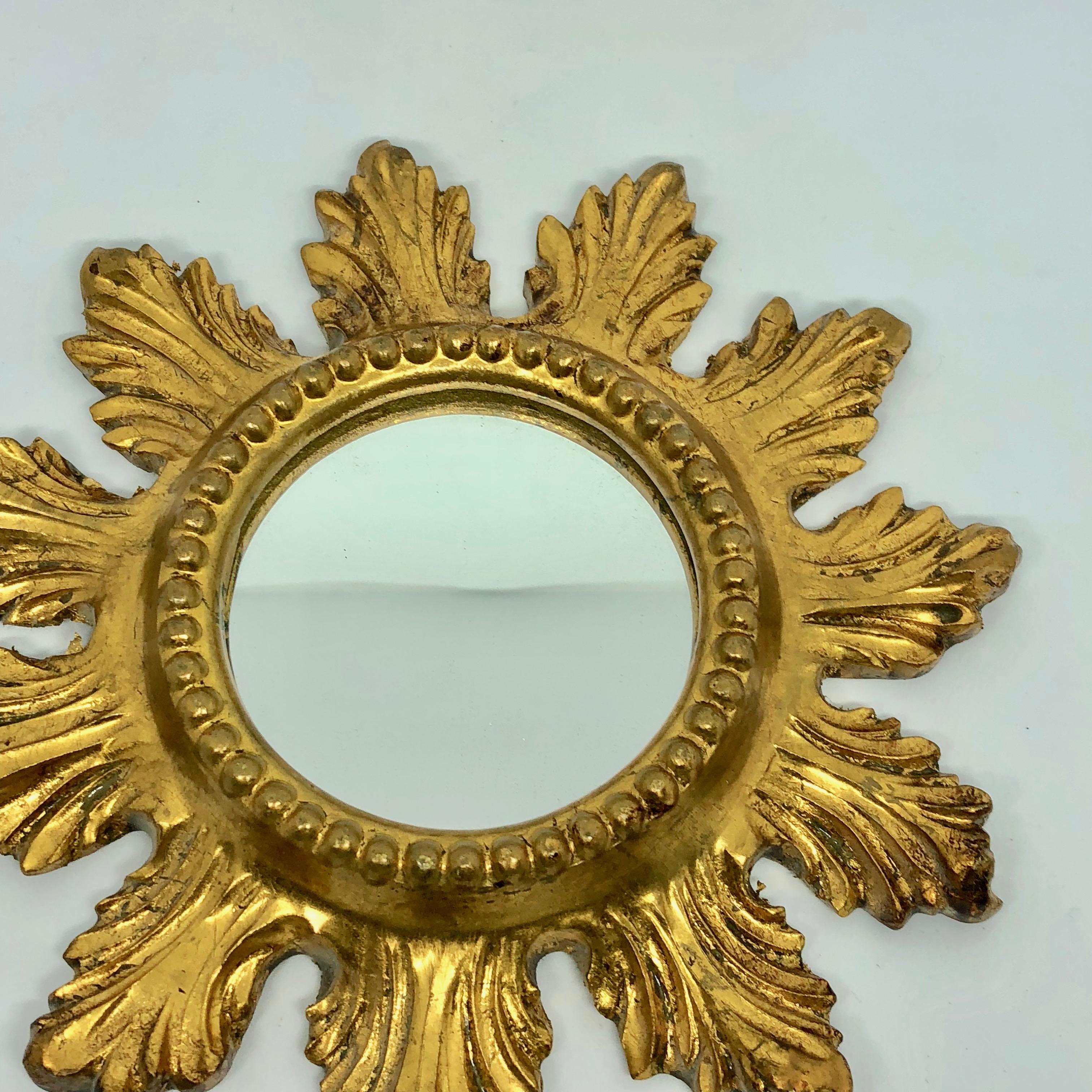 Pair of Petite Starburst Sunburst Gilded Wood and Composition Mirror, France 4