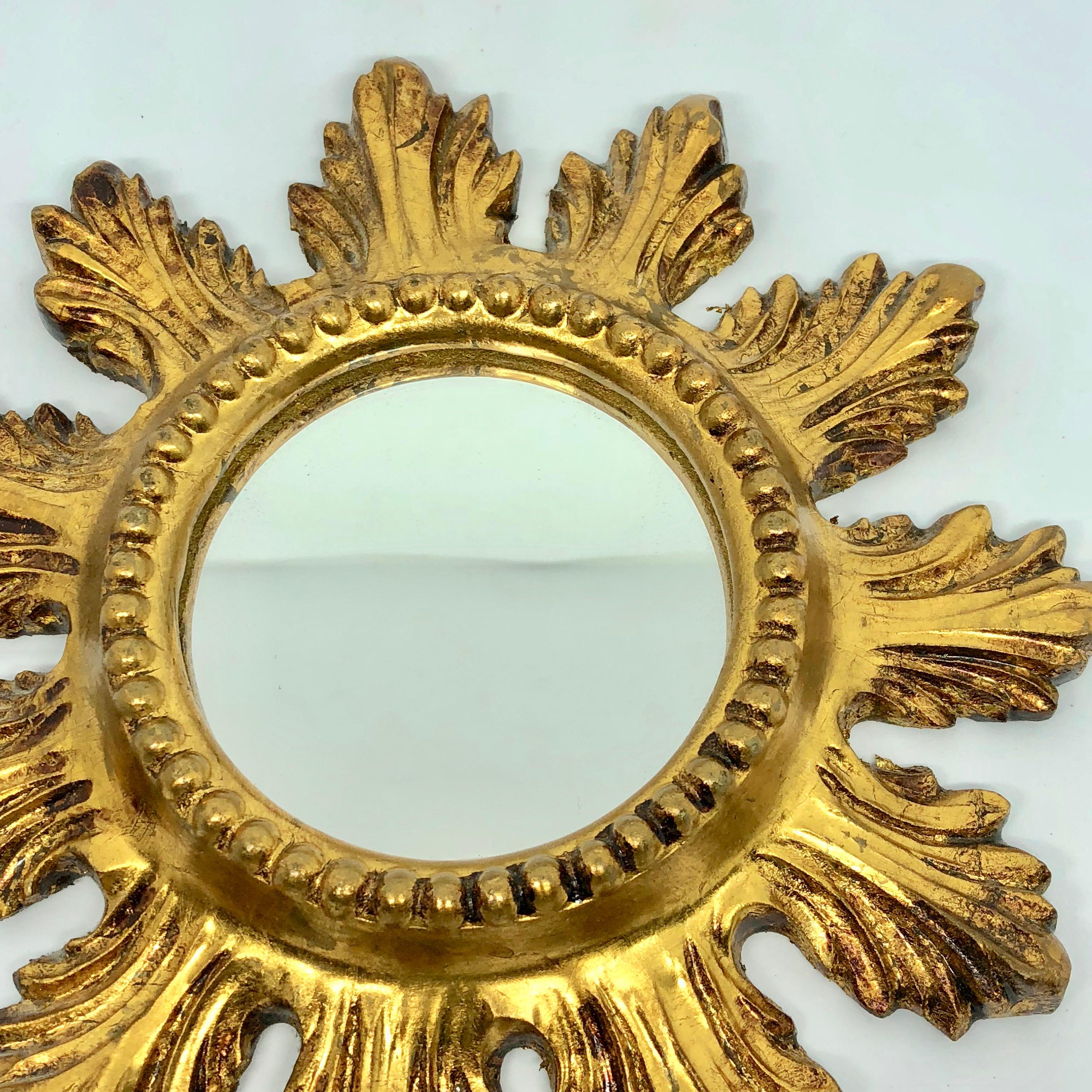 Mid-20th Century Pair of Petite Starburst Sunburst Gilded Wood and Composition Mirror, France