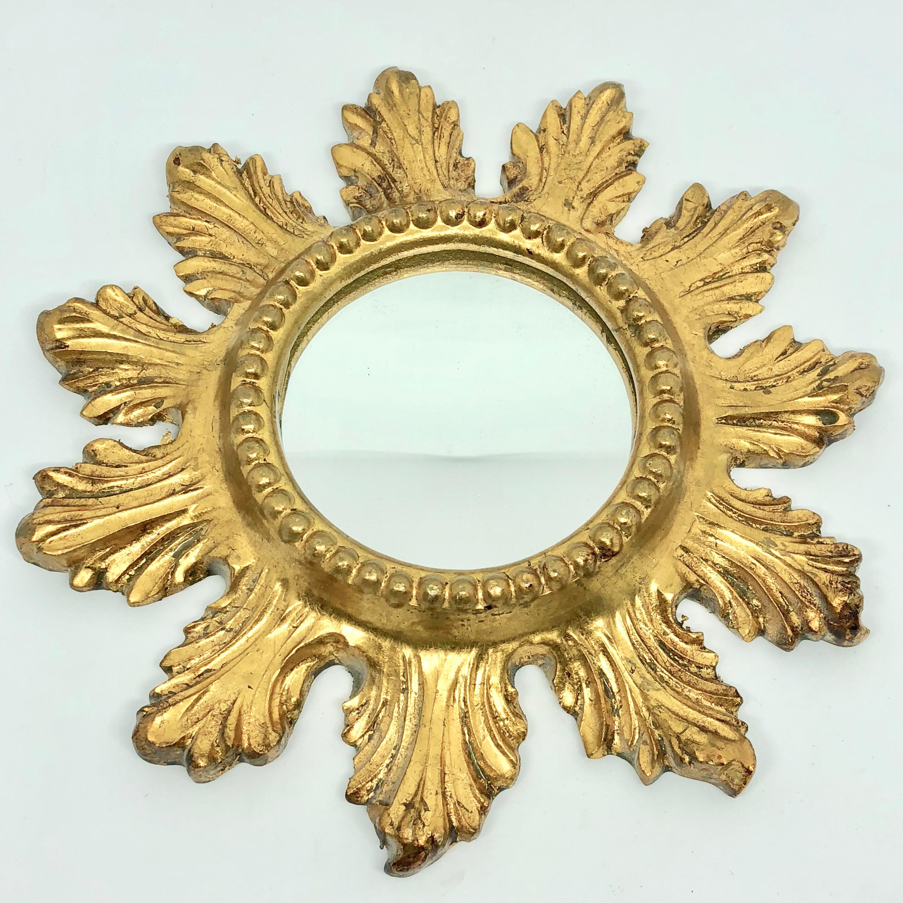 Pair of Petite Starburst Sunburst Gilded Wood and Composition Mirror, France 1