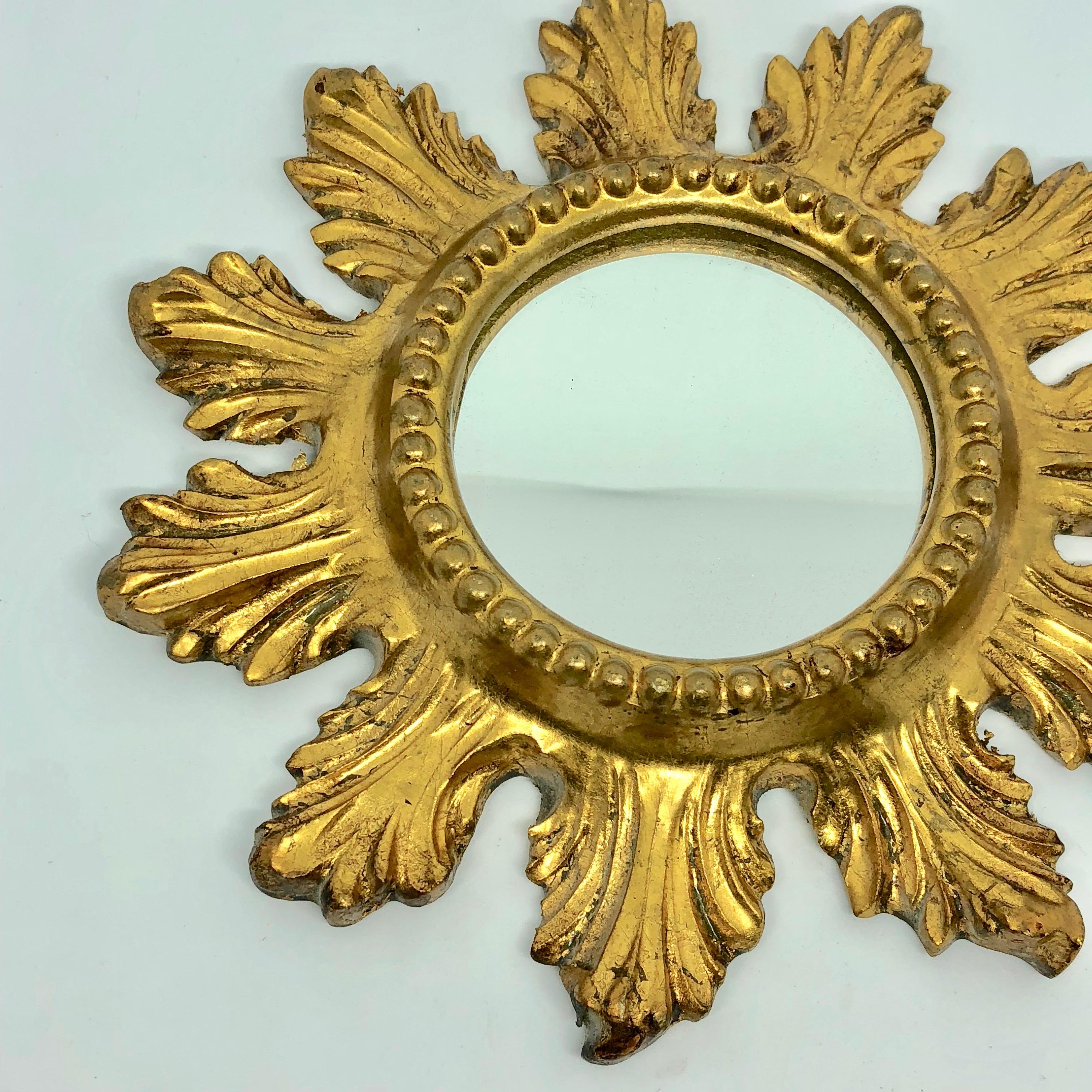 Pair of Petite Starburst Sunburst Gilded Wood and Composition Mirror, France 2