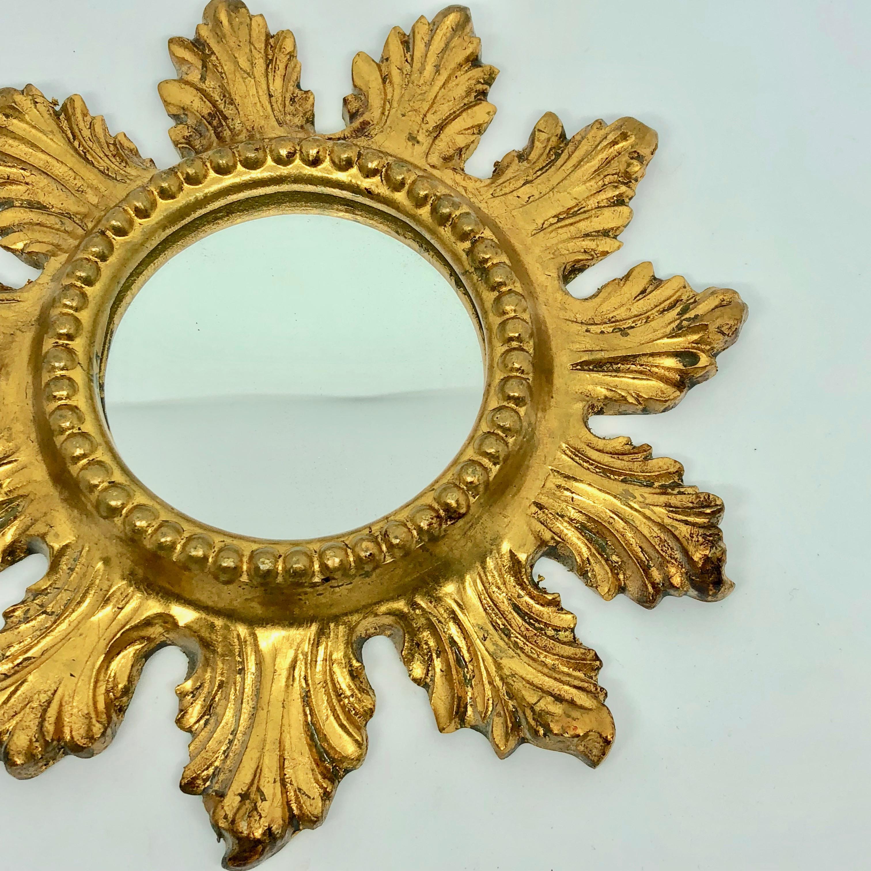 Pair of Petite Starburst Sunburst Gilded Wood and Composition Mirror, France 3