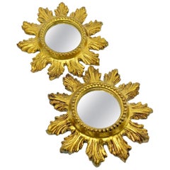Pair of Petite Starburst Sunburst Gilded Wood and Composition Mirror, France