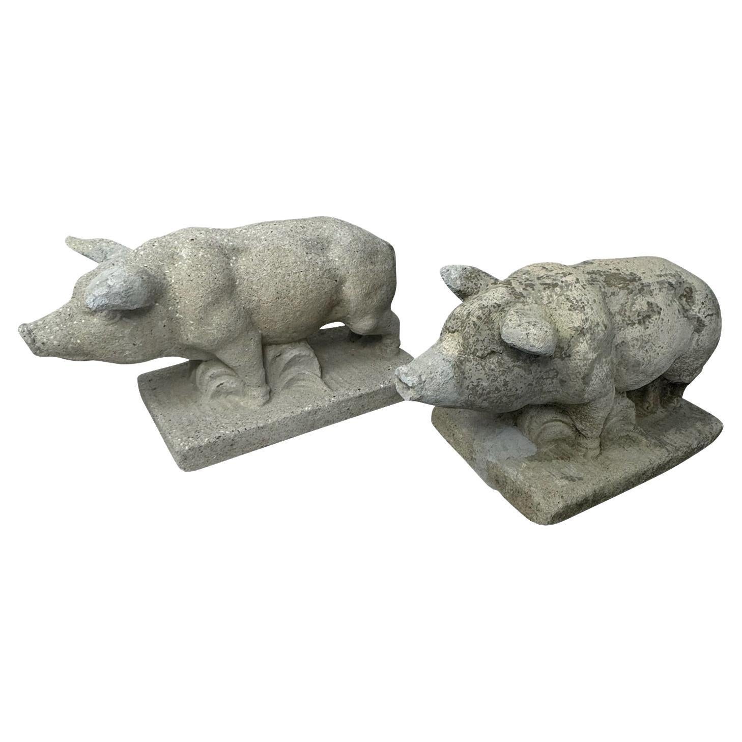 Pair of Hand-Crafted Petite Stone Pigs, Garden Ornaments, 21st Century