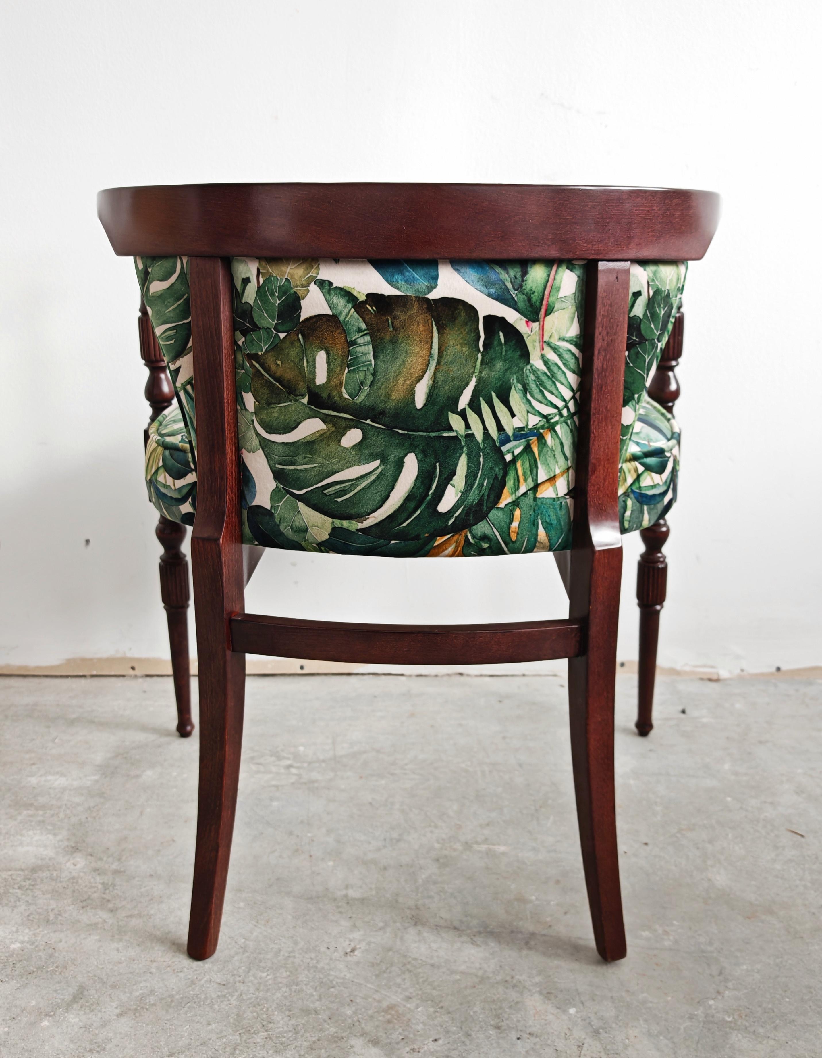 Pair of petite vintage armchairs upholstered in plush with tropics print For Sale 3
