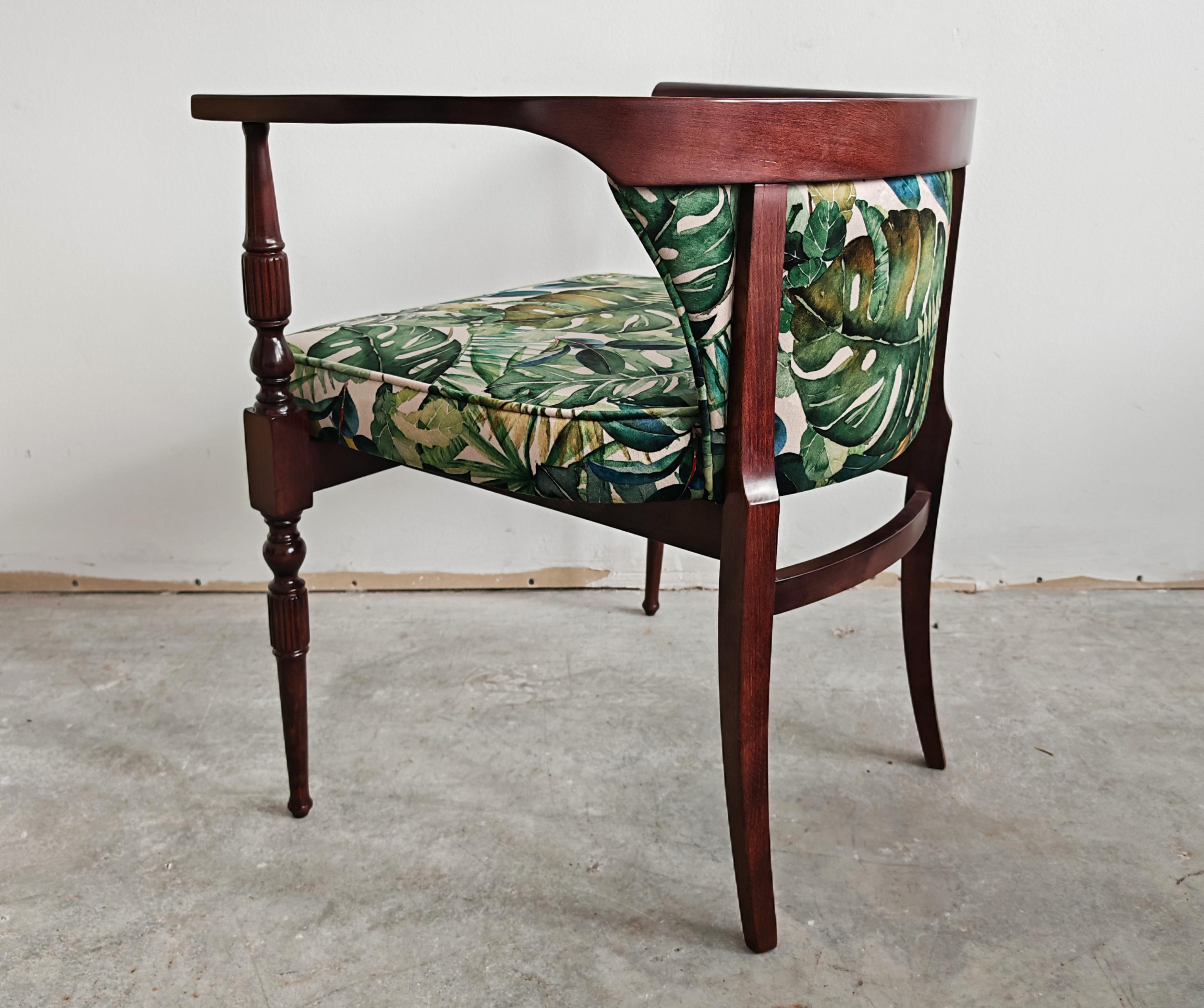 Pair of petite vintage armchairs upholstered in plush with tropics print For Sale 4