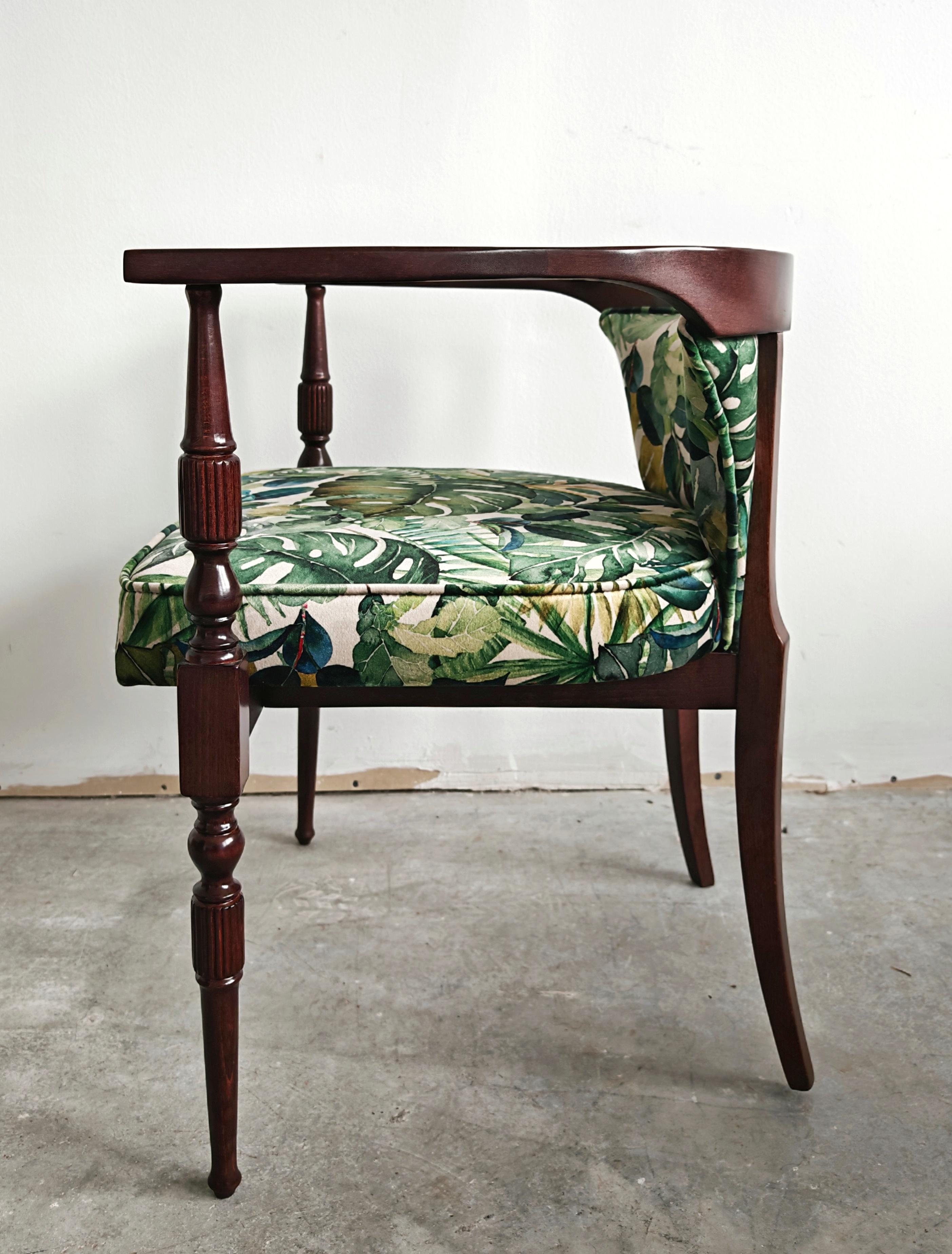 Pair of petite vintage armchairs upholstered in plush with tropics print For Sale 5