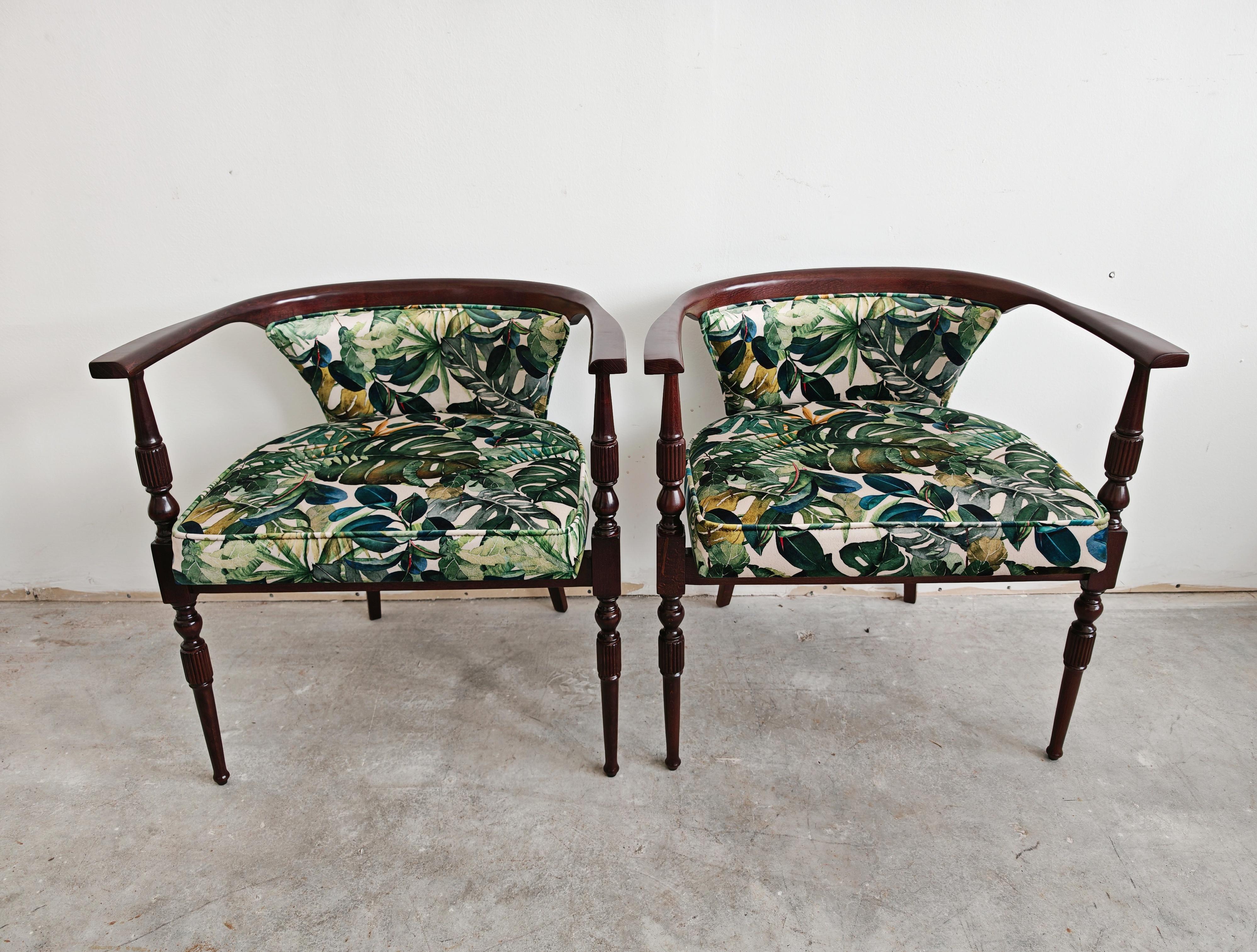 Neoclassical Pair of petite vintage armchairs upholstered in plush with tropics print For Sale