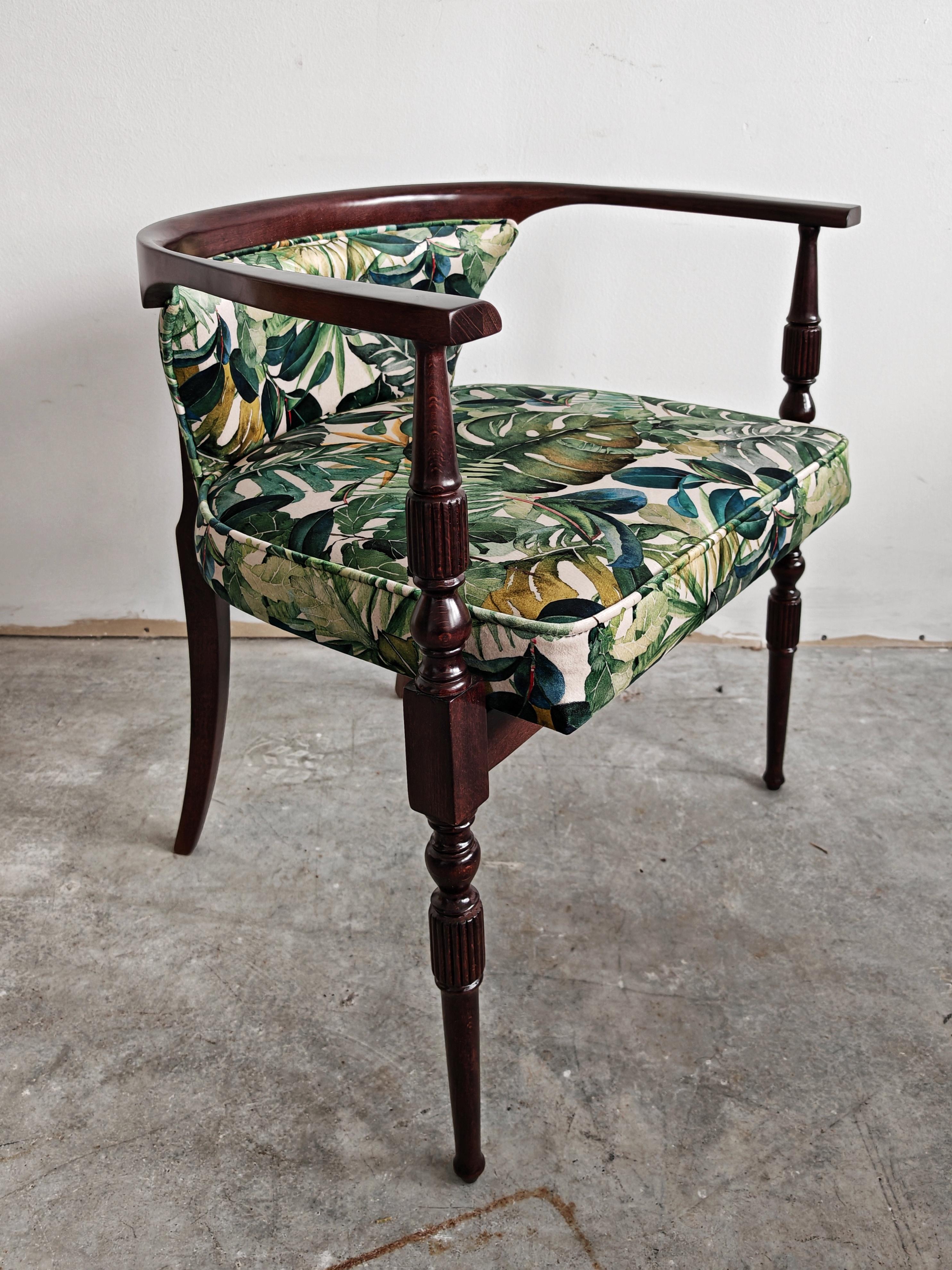 Italian Pair of petite vintage armchairs upholstered in plush with tropics print For Sale