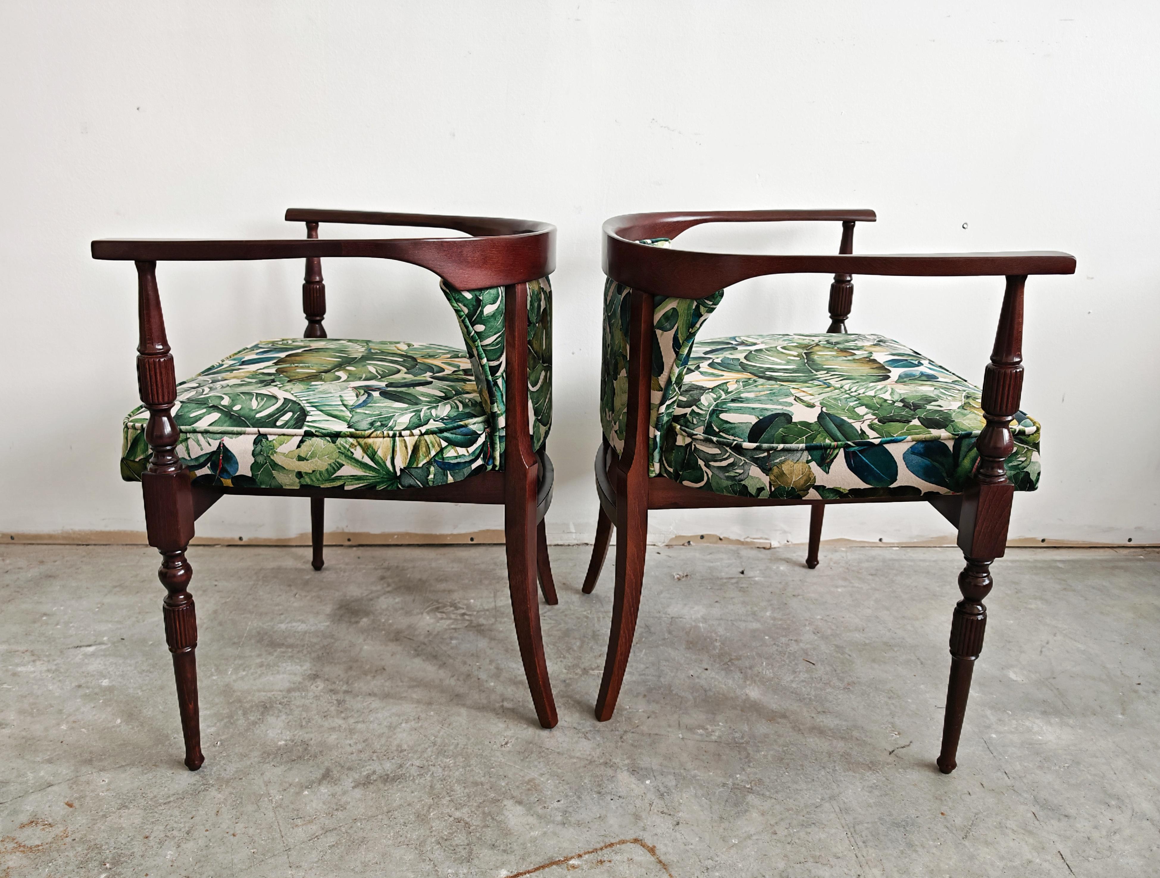 Mid-20th Century Pair of petite vintage armchairs upholstered in plush with tropics print For Sale