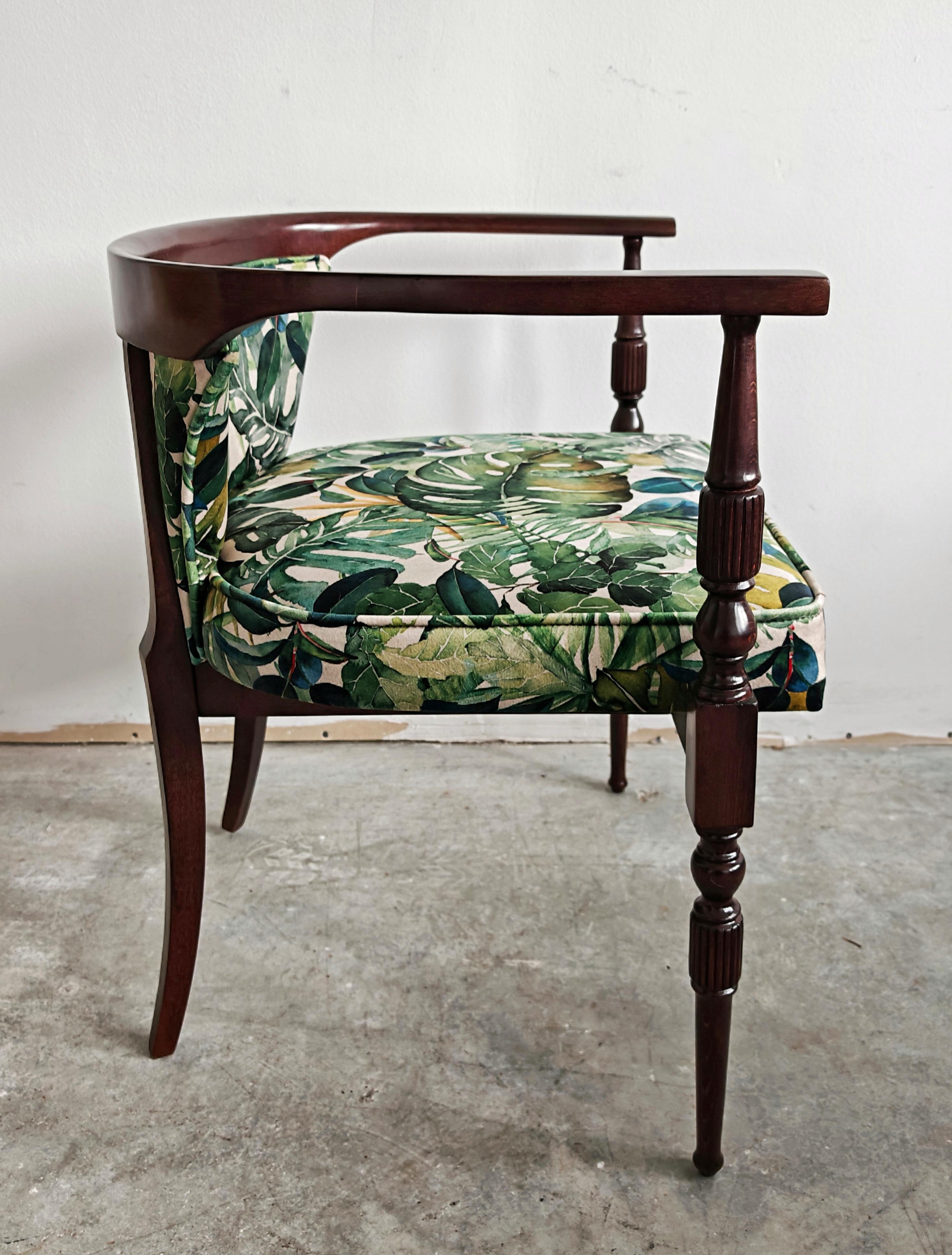 Fabric Pair of petite vintage armchairs upholstered in plush with tropics print For Sale