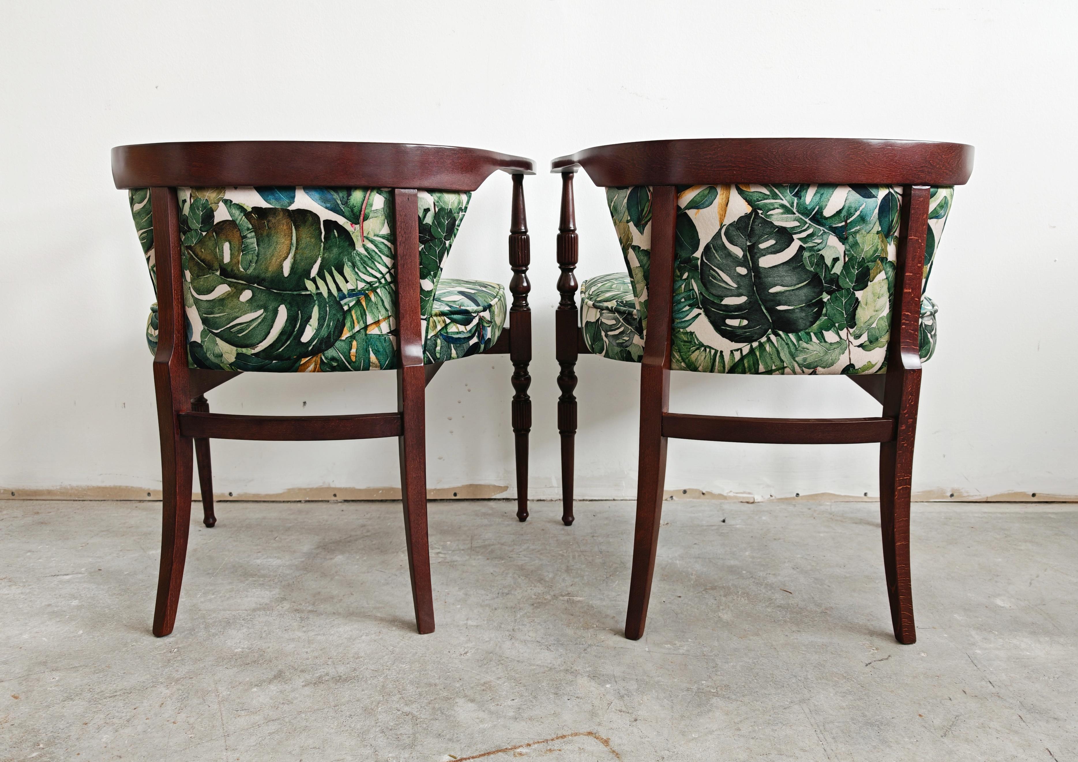 Pair of petite vintage armchairs upholstered in plush with tropics print For Sale 1