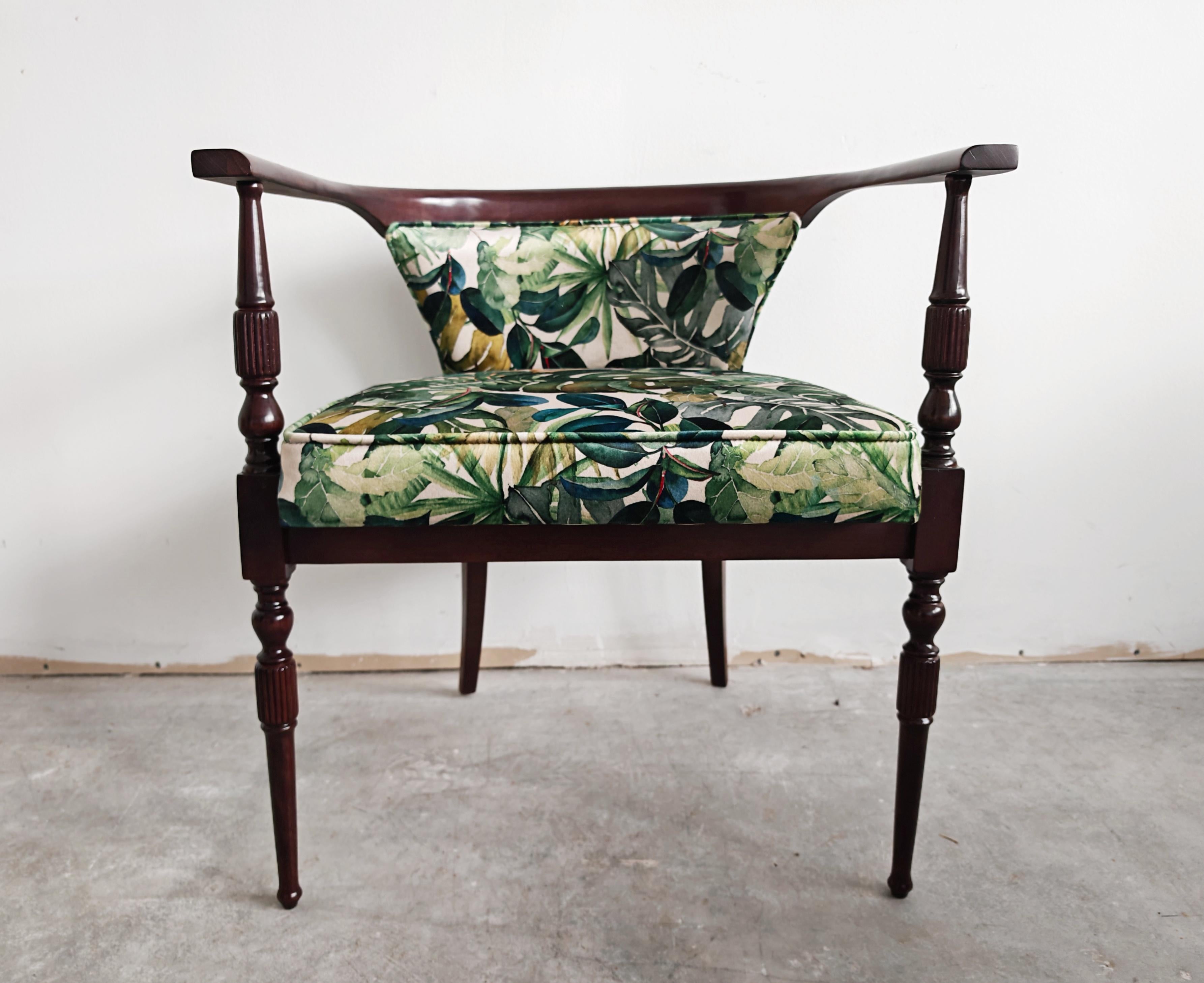 Pair of petite vintage armchairs upholstered in plush with tropics print For Sale 2