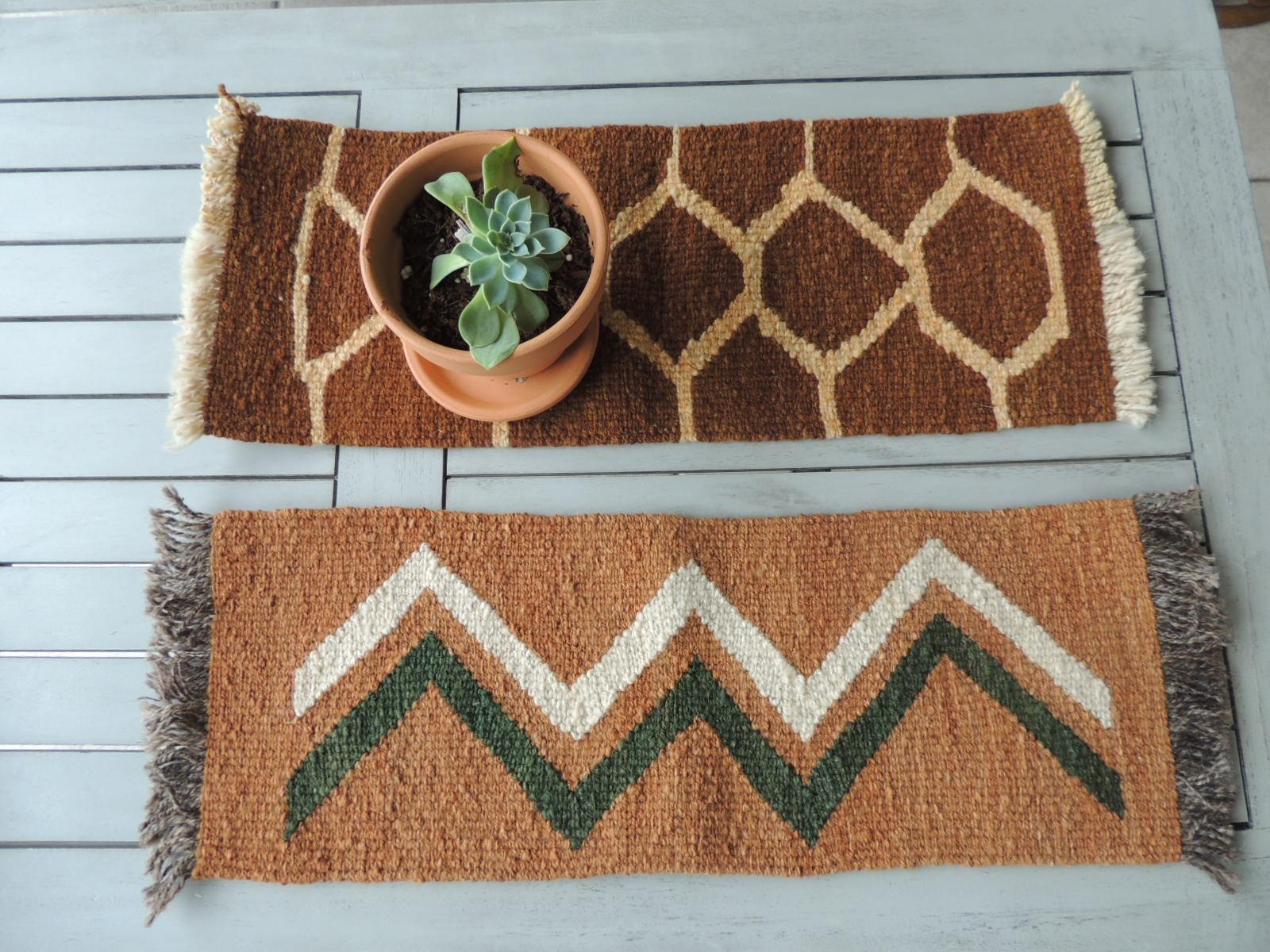 Tribal Pair of Petite Vintage Camel and Brown Woven Rug Samples For Sale