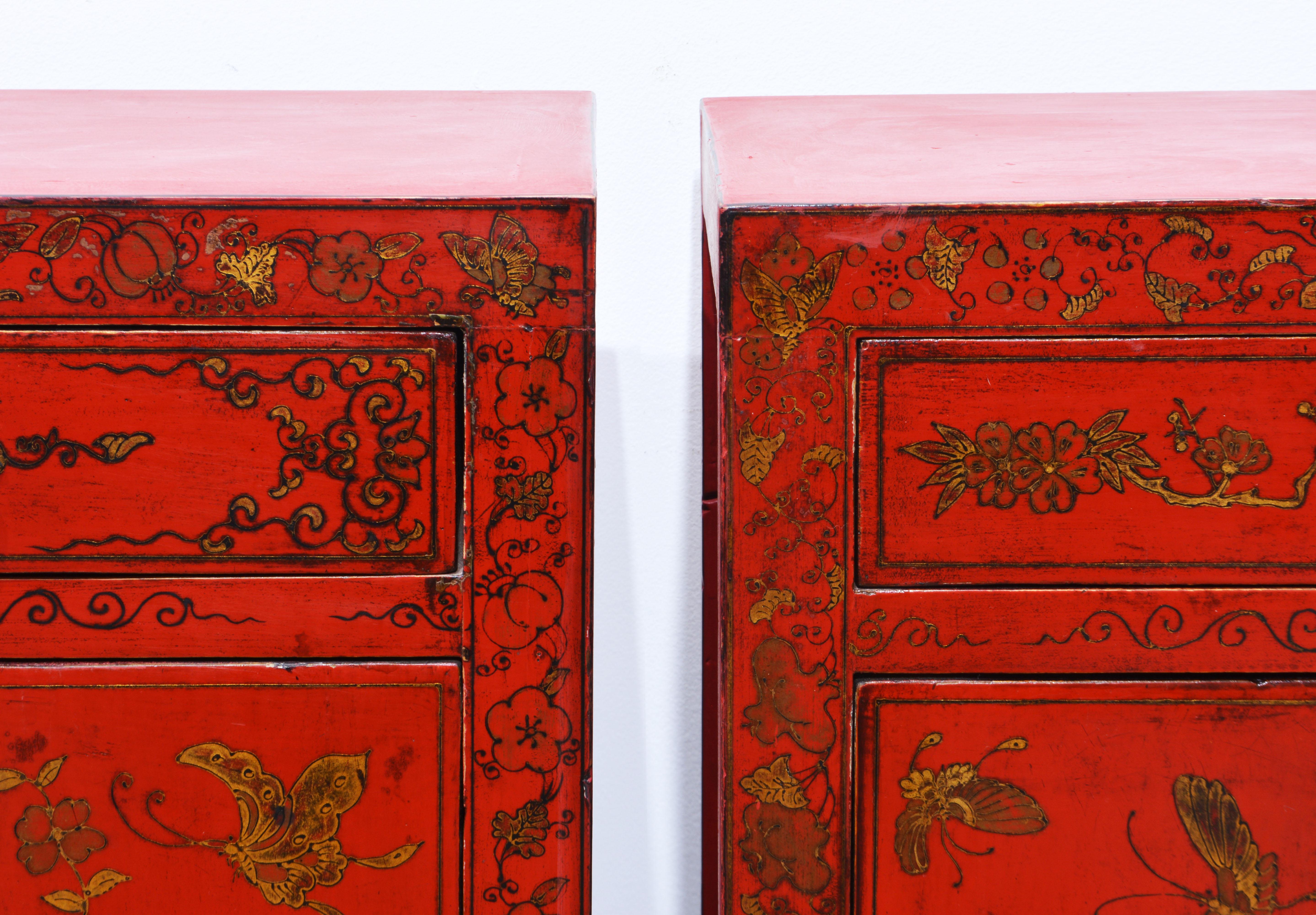 Pair of Vintage Chinese Lacquered Butterfly Decorated Night Stands or End Tables 1