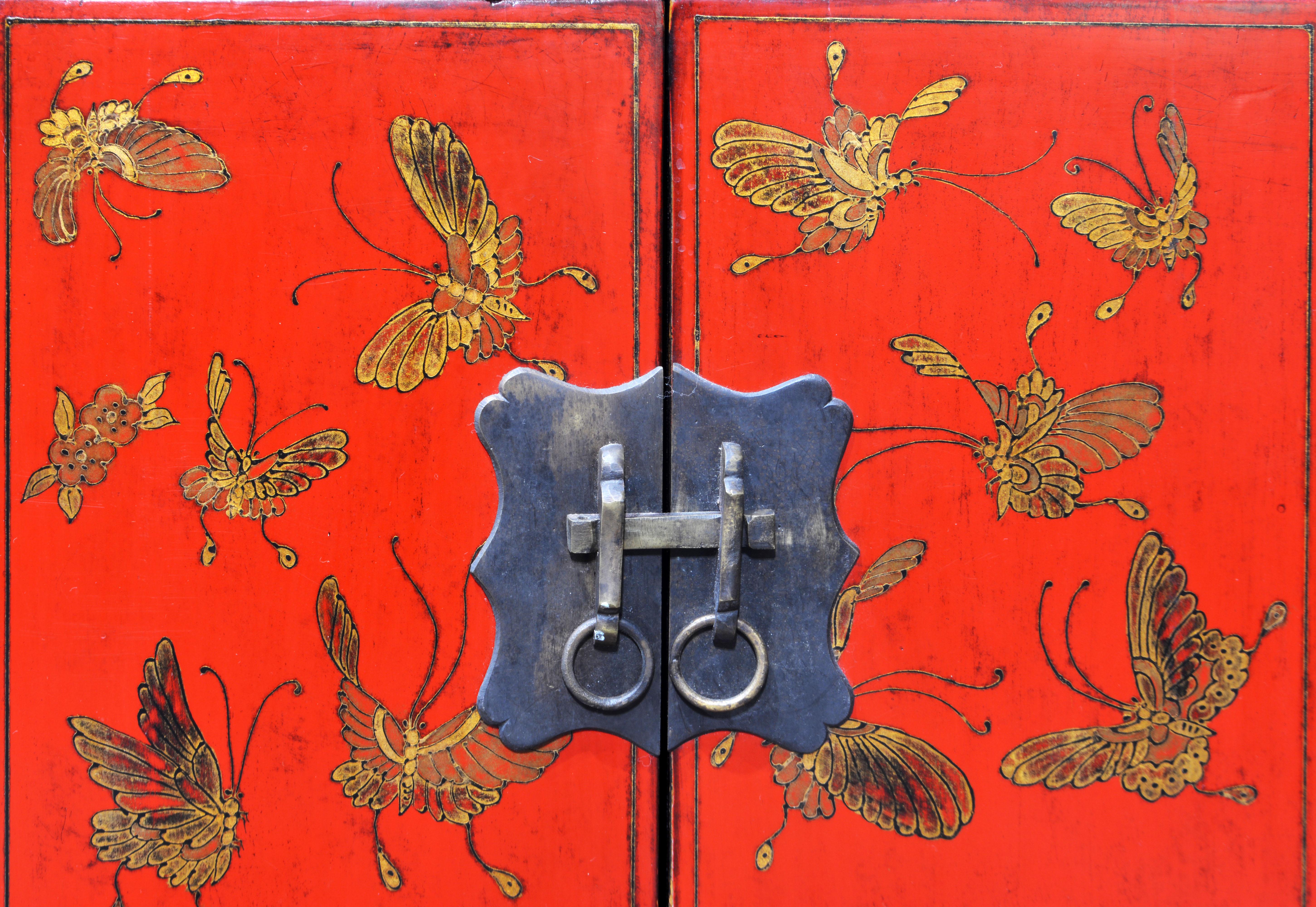 Pair of Vintage Chinese Lacquered Butterfly Decorated Night Stands or End Tables 2